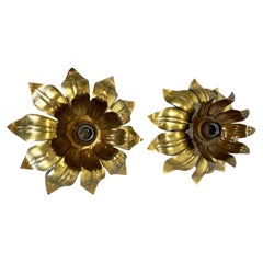 Set of Two Brutalist Brass "Artichoke" Wall Ceiling Light Sconces, Italy 1970s