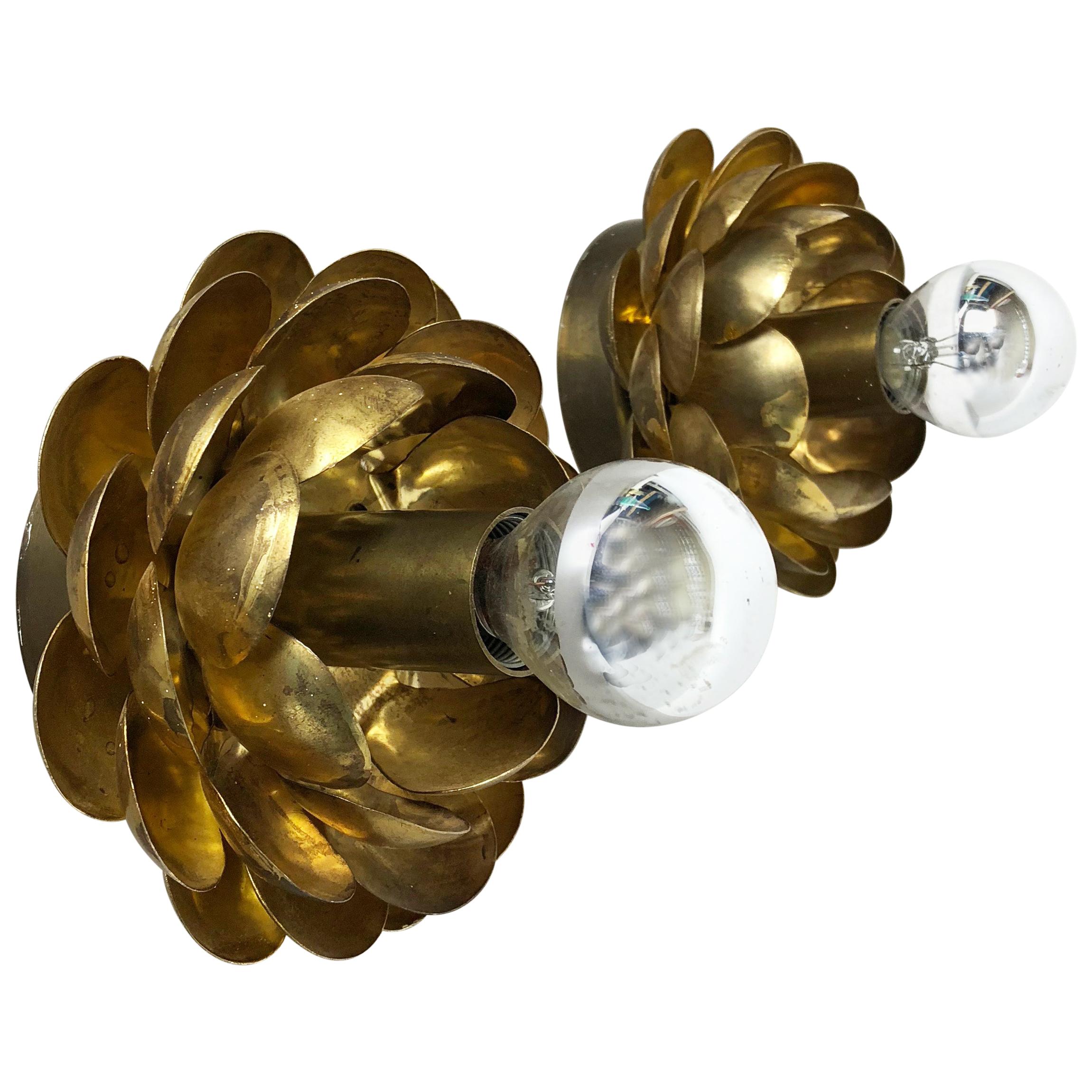 Set of Two Brutalist Brass Metal "artichoke" Wall Ceiling Light Sconces, Italy