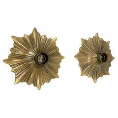 Set of Two Brutalist Bronze Sunburst Wall Ceiling Light Sconces, Italy 1950s Set of Two Brutalist Bronze Sunburst Wall Ceiling Light Sconces, Italy 1950s
