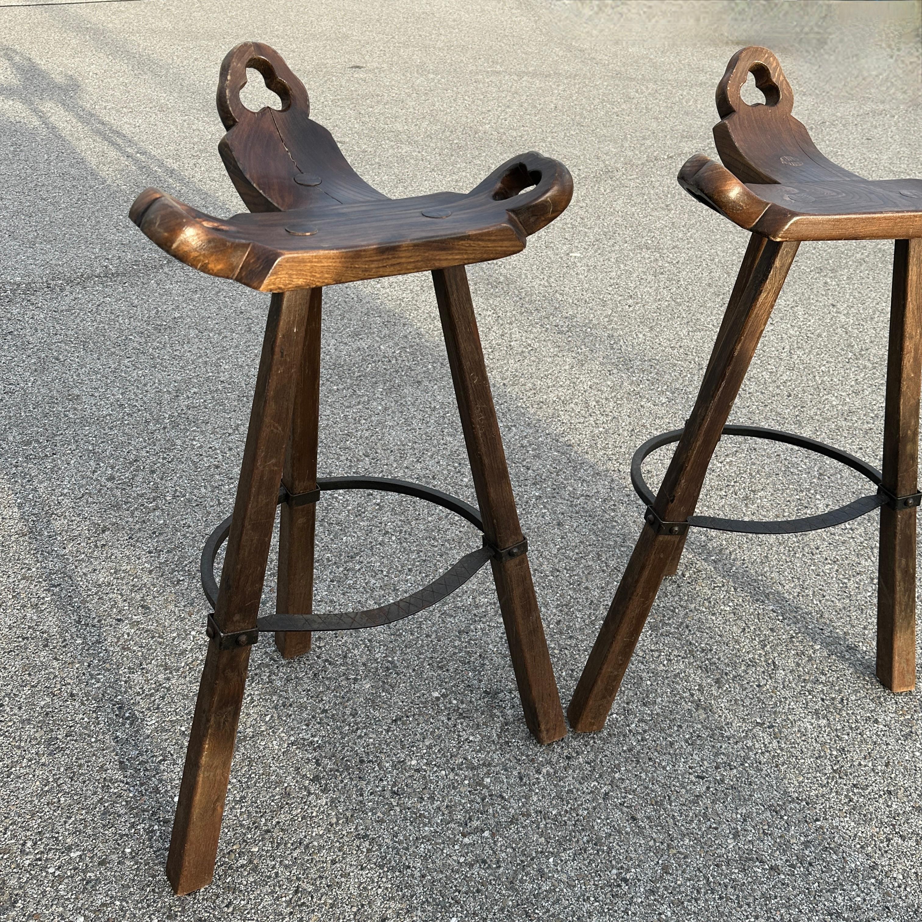 Set of Two Brutalist Bull Barstools Marbella with original Cushion, 1970s For Sale 5