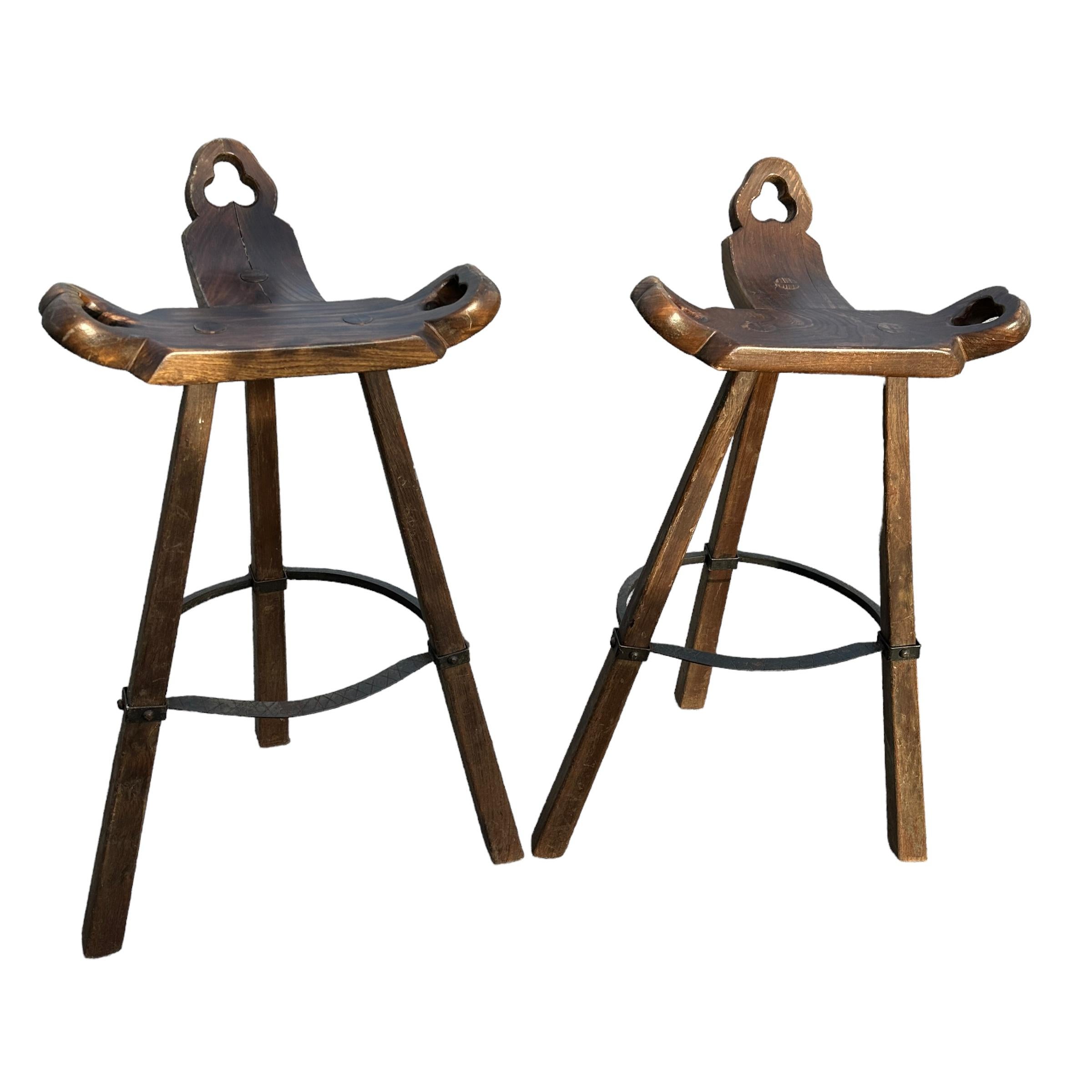 Late 20th Century Set of Two Brutalist Bull Barstools Marbella with original Cushion, 1970s For Sale