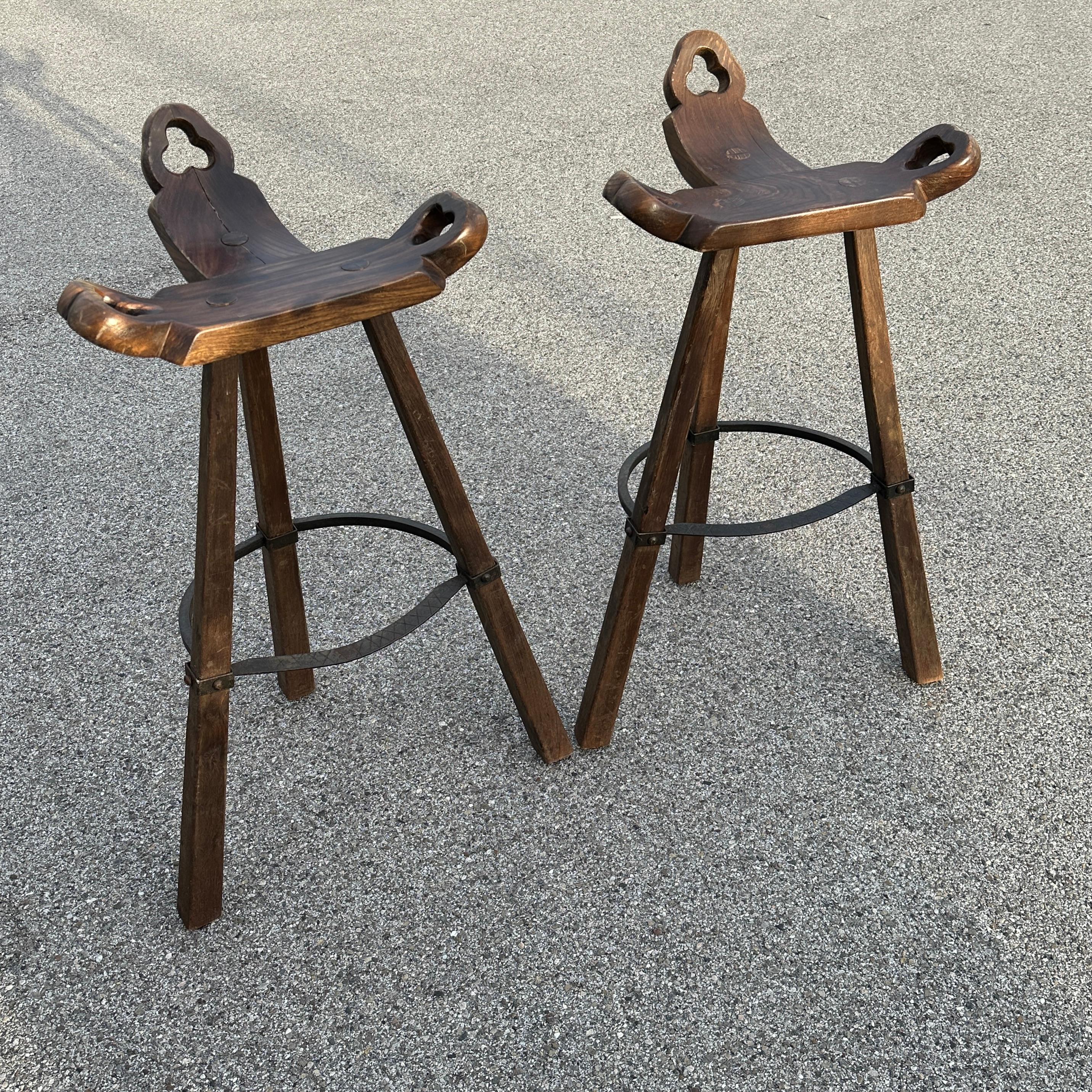 Wood Set of Two Brutalist Bull Barstools Marbella with original Cushion, 1970s For Sale