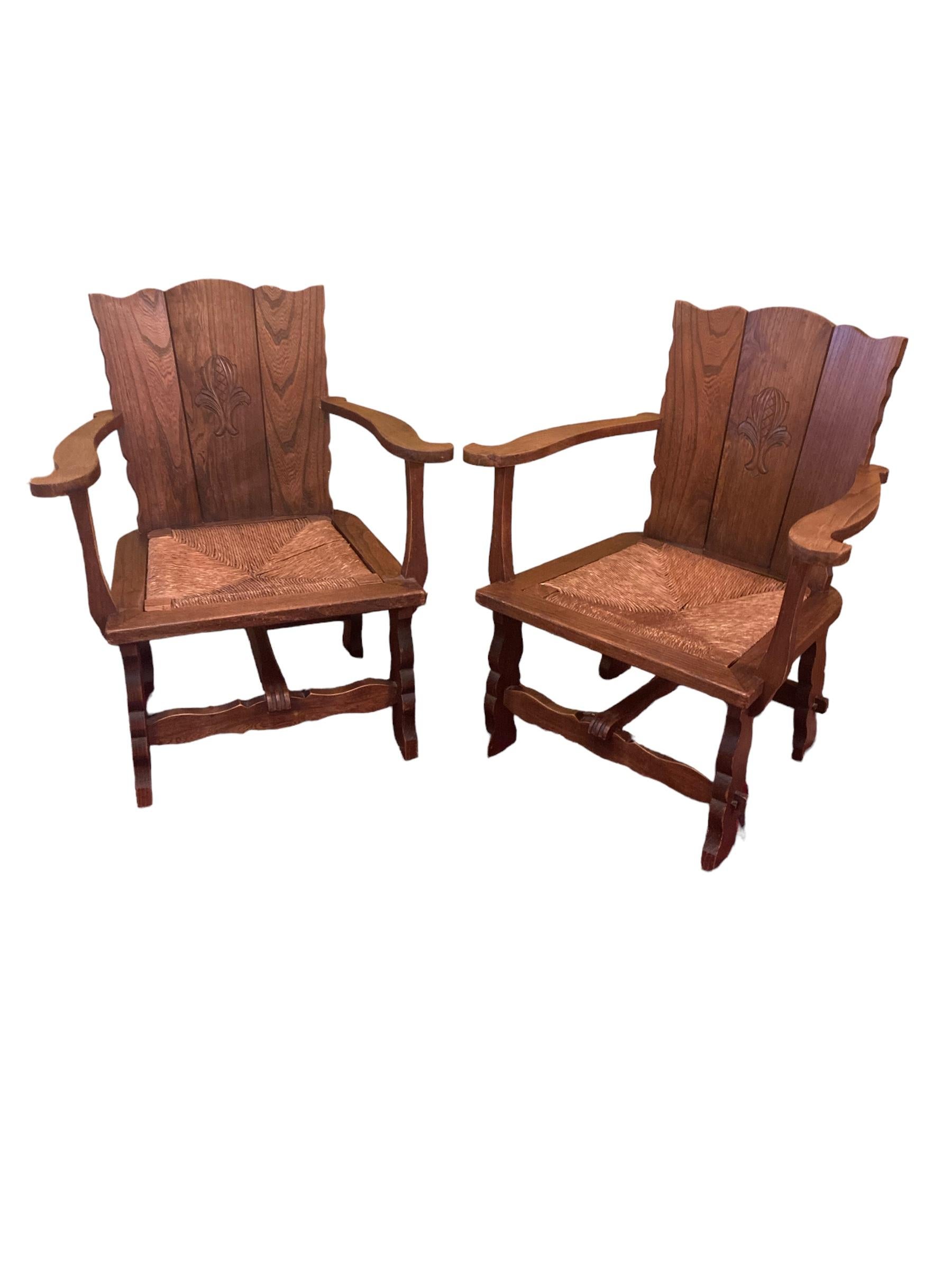 British Set of Two Brutalist Wabi Sabi Oak Rush Lounge Chairs For Sale