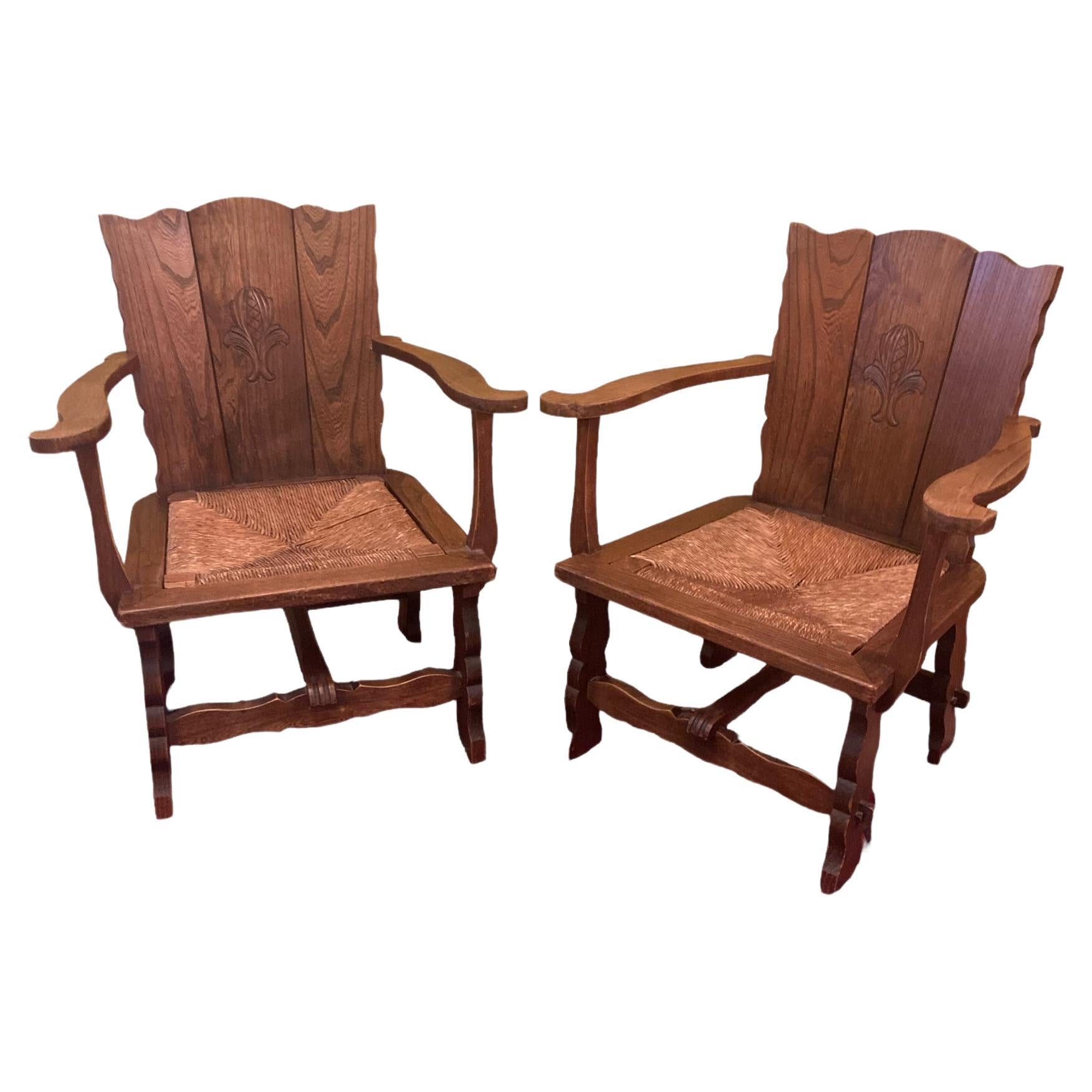 Set of Two Brutalist Wabi Sabi Oak Rush Lounge Chairs