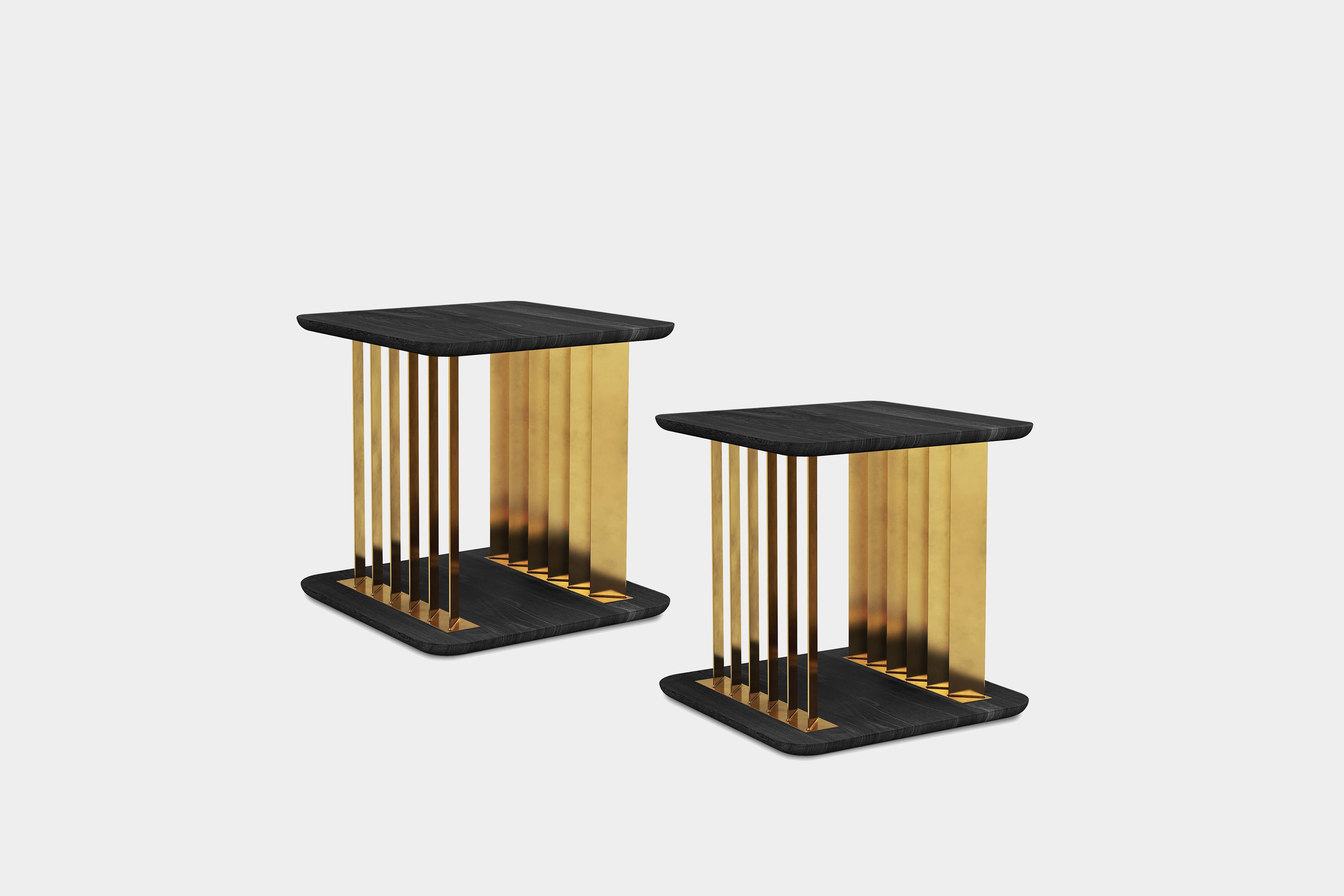 Set of Two Plateau Side Tables, Night Stand in Black Wood and Brass Structure

Inspired by the majesty of mountain systems throughout the Americas, Plateau makes reference to the small surfaces that emerge from a vast piece of land peculiar for its