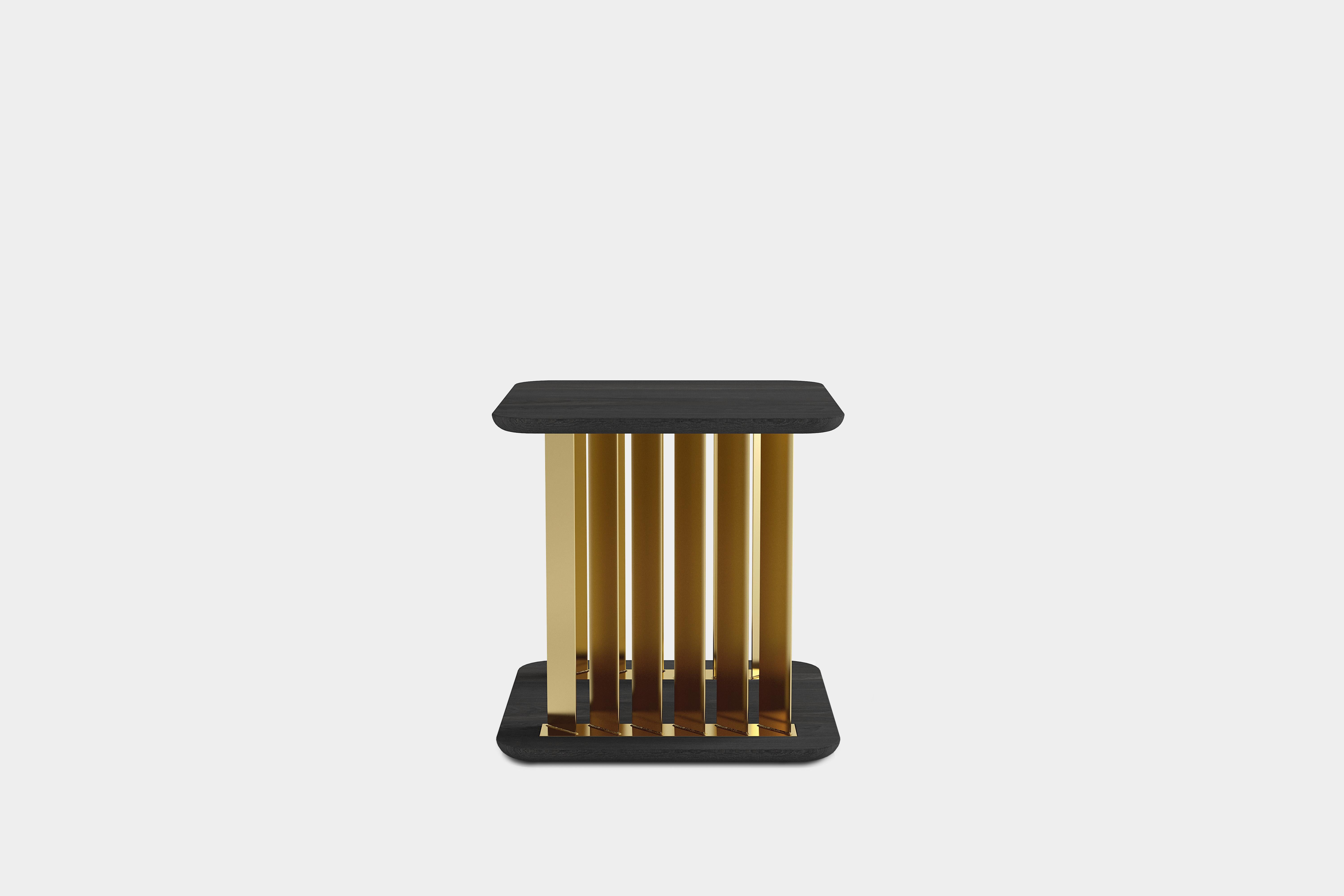 Mexican Set of Two Plateau Side Tables, Night Stand in Black Wood and Brass Structure For Sale