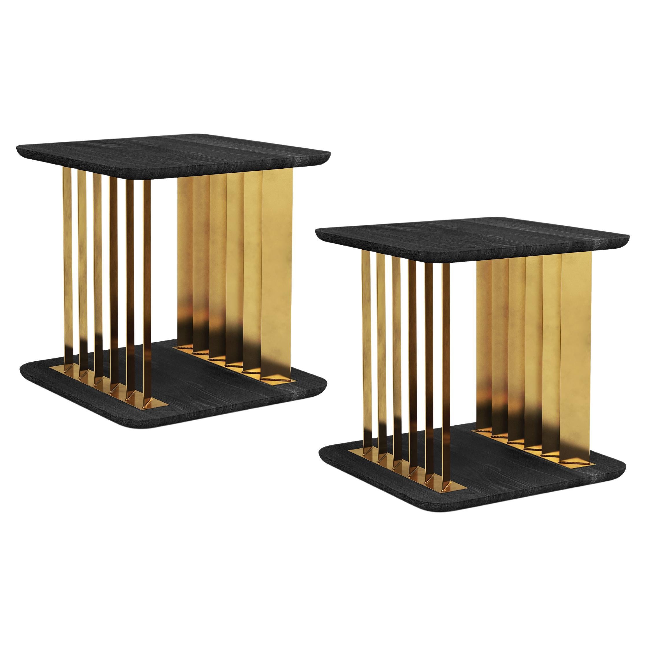 Set aus zwei Plateau Beistelltischen, Nachttisch aus schwarzem Holz und Messingstruktur