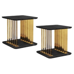 Set of Two Plateau Side Tables, Night Stand in Black Wood and Brass Structure