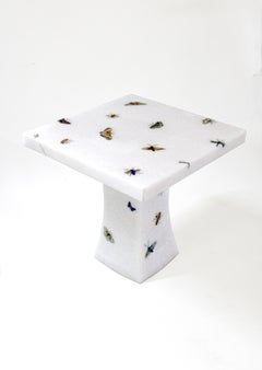 Set of Two Butterfly Inlay Tables in White Marble Handcrafted in India