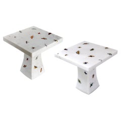 Set of Two Butterfly Inlay Tables in White Marble Handcrafted in India