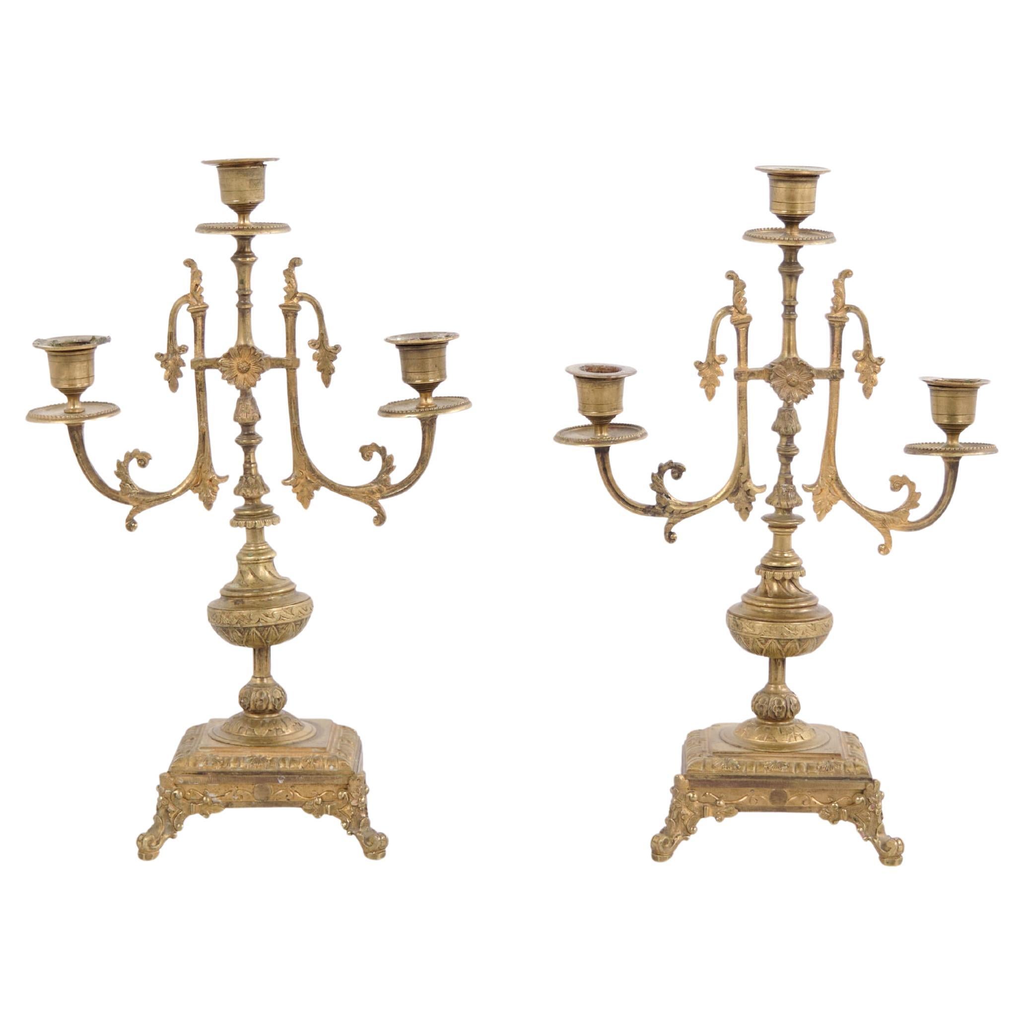 Set Of Two Candelsticks In Bronze With Decorative Details From 1890s
