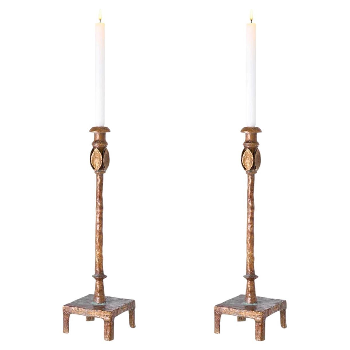 Set Of Two Candle Holders In Brass Finish With Antique Look