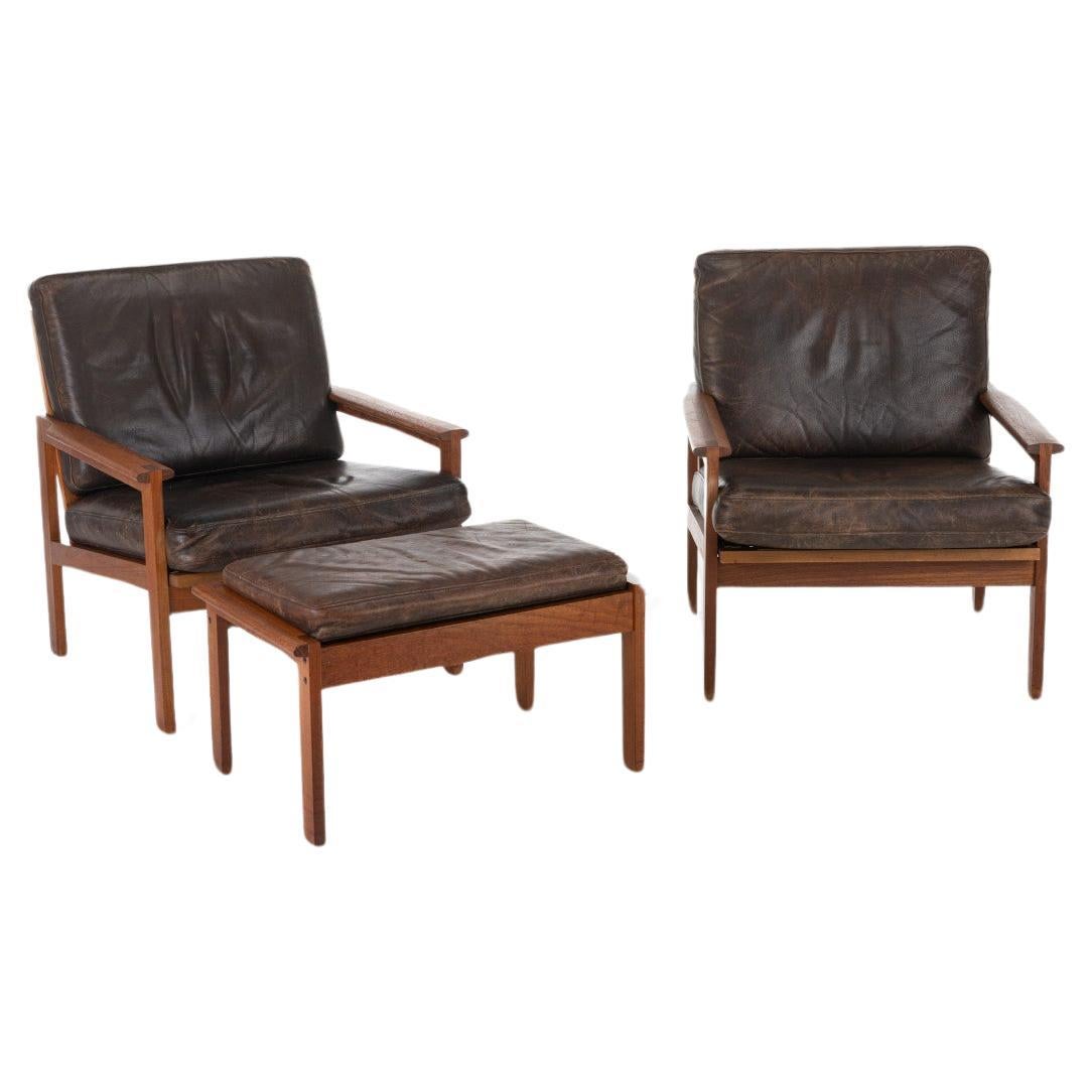 Set of two Capella Easy Chairs with Ottoman by Illum Wikkelsø, Denmark 1950s
