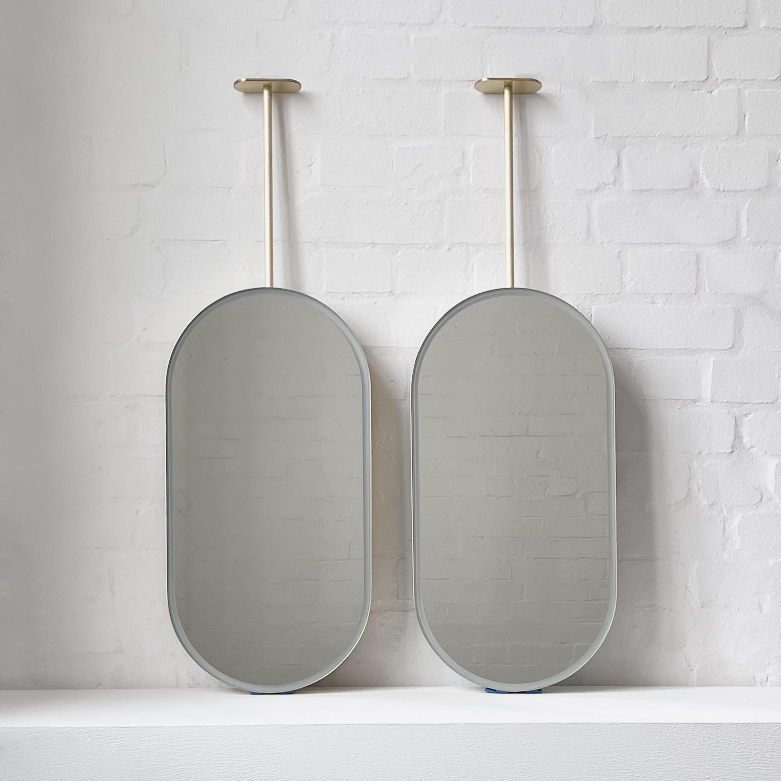 Set of two Capsula Illuminated Modern Ceiling Suspended Mirror with Brass Frame For Sale 1