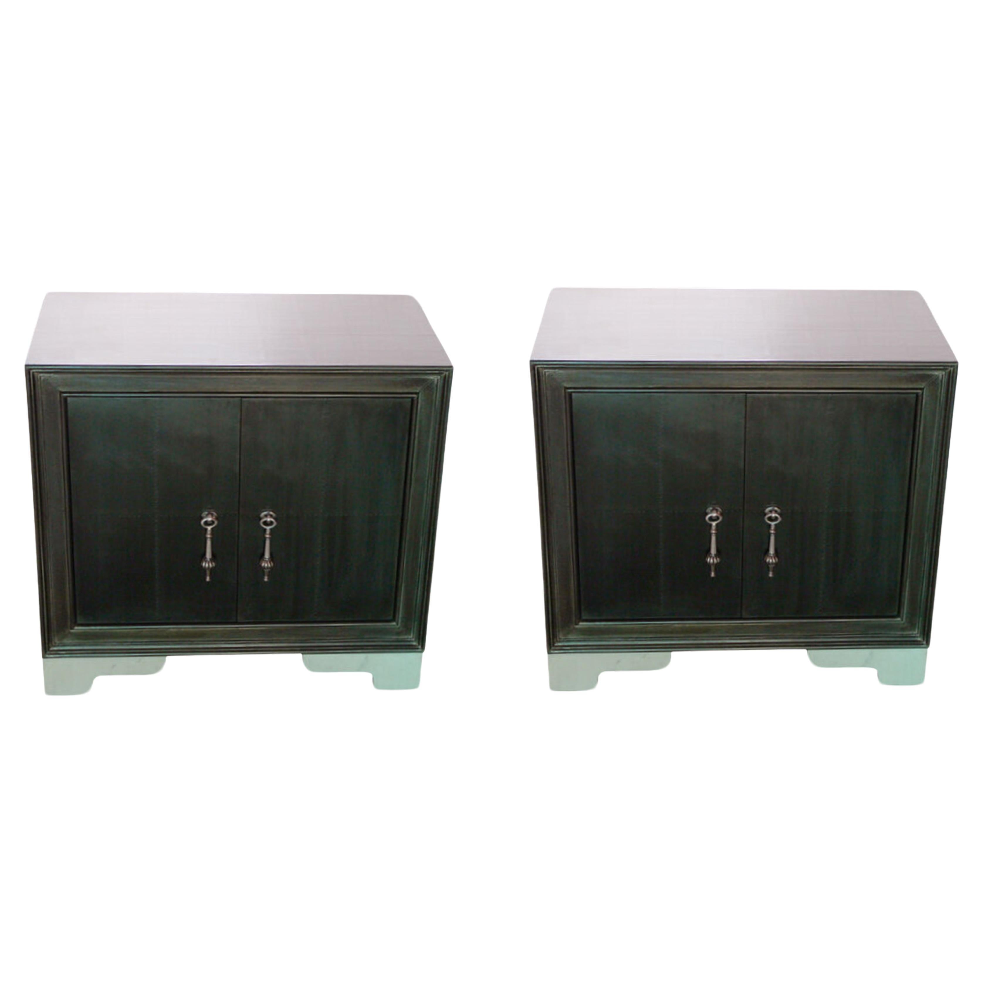 Set of Two Carre Night stands in Antiqued White Bronze Clad over Teak Wood For Sale