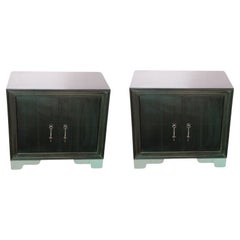 Set of Two Carre Night stands in Antiqued White Bronze Clad over Teak Wood