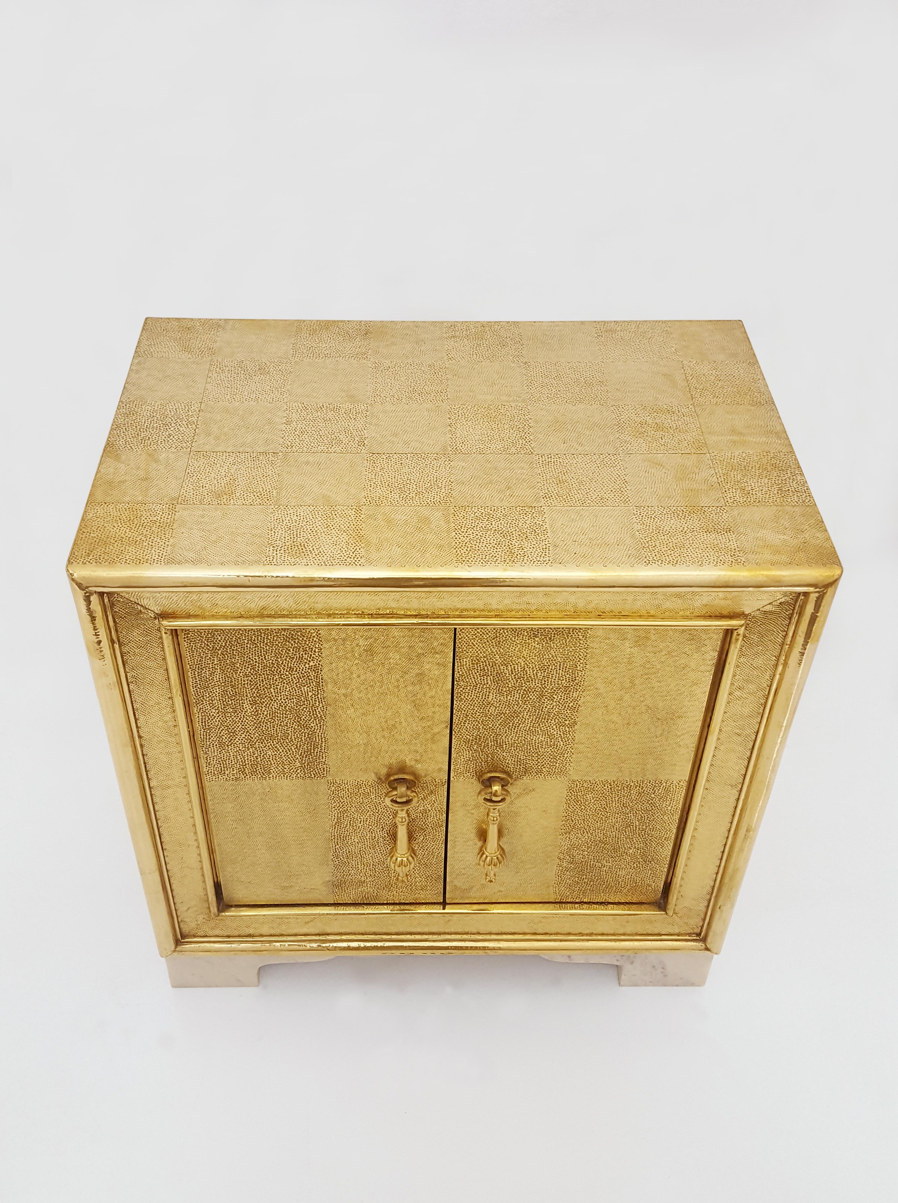 Set of Two Carre Nightstands in Brass Clad over Teakwood Handcrafted in India For Sale 2