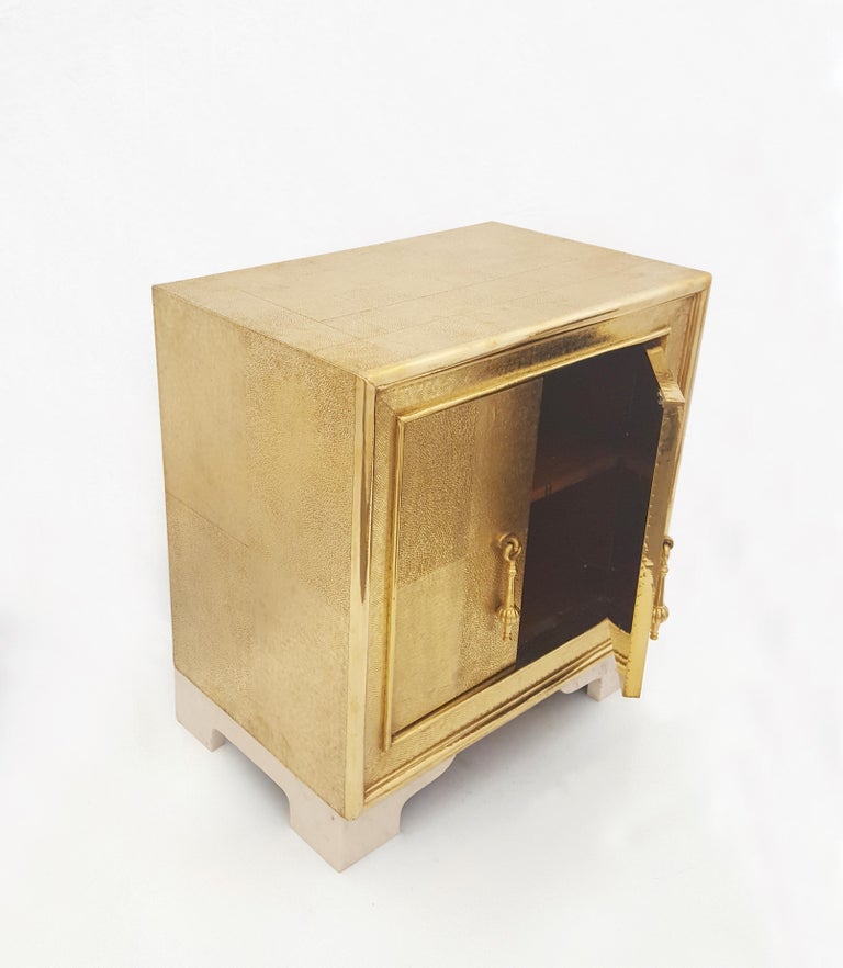 Set of Two Carre Nightstands in Brass Clad over Teakwood Handcrafted in India For Sale 1