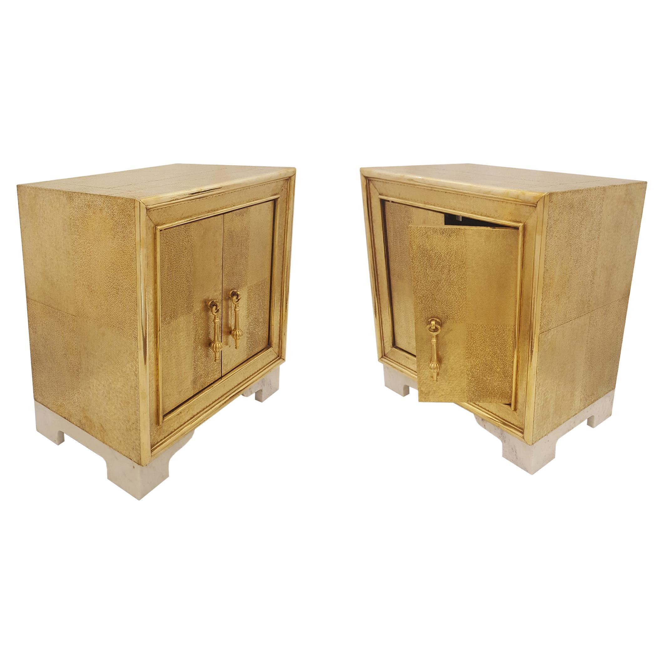 Set of Two Carre Nightstands in Brass Clad over Teakwood Handcrafted in India