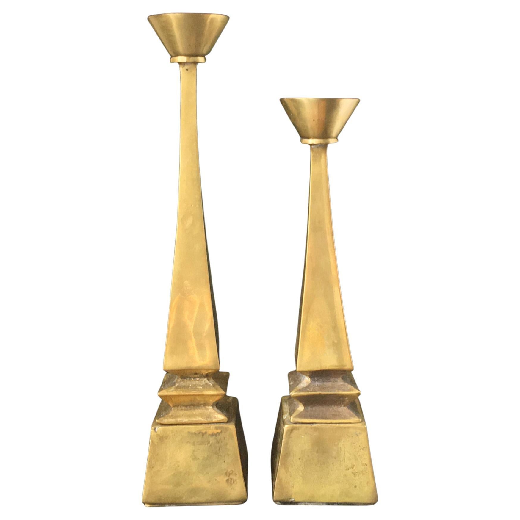 Set of Two Cast Brass Candleholders