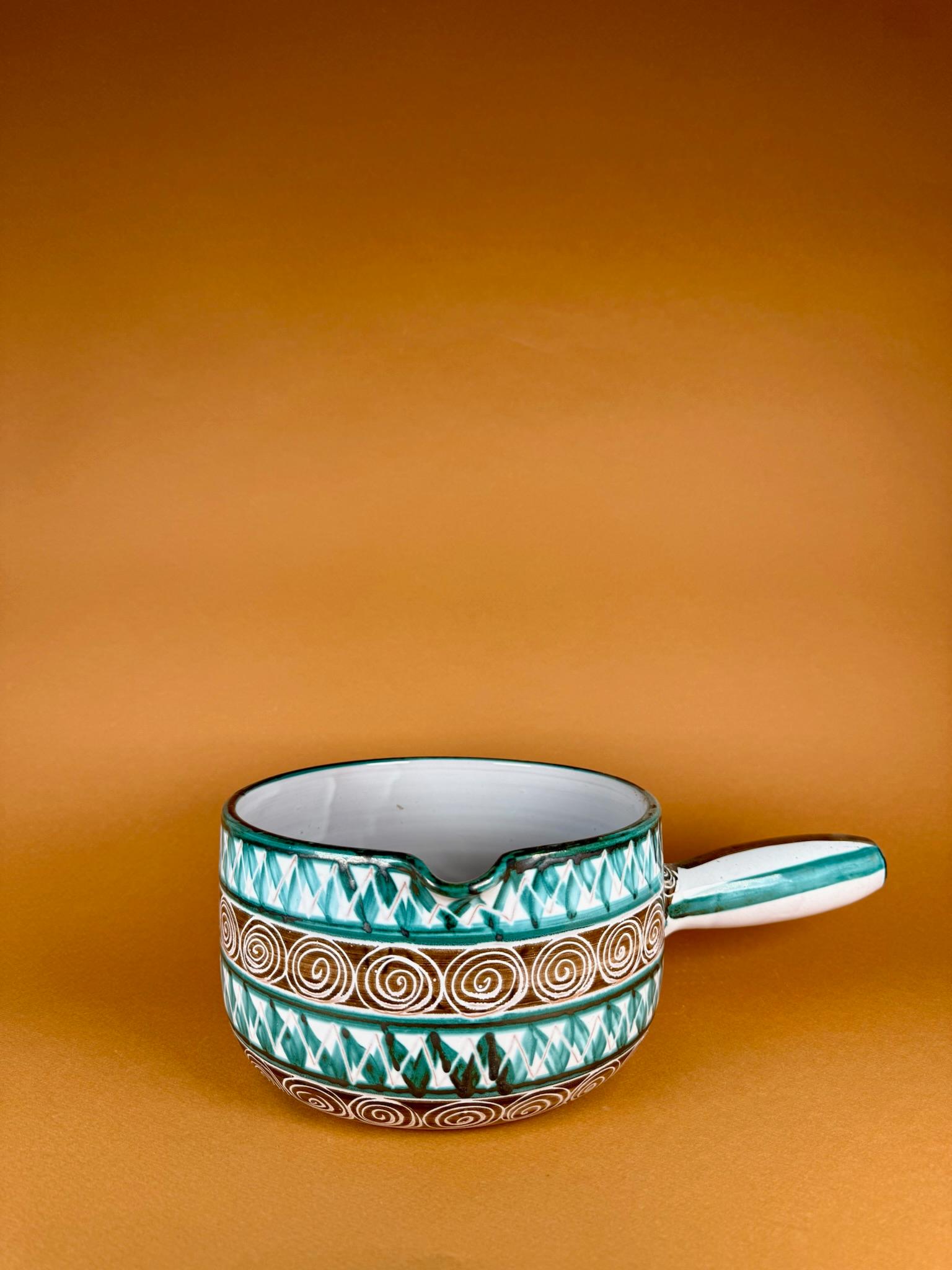 Origin
Vallauris, France, circa 1950s

Materials
Glazed ceramic

Condition
Very good vintage condition, consistent with age and use

A pair of ceramic handled casserole dishes by Robert Picault, a central figure in the Vallauris ceramics movement of