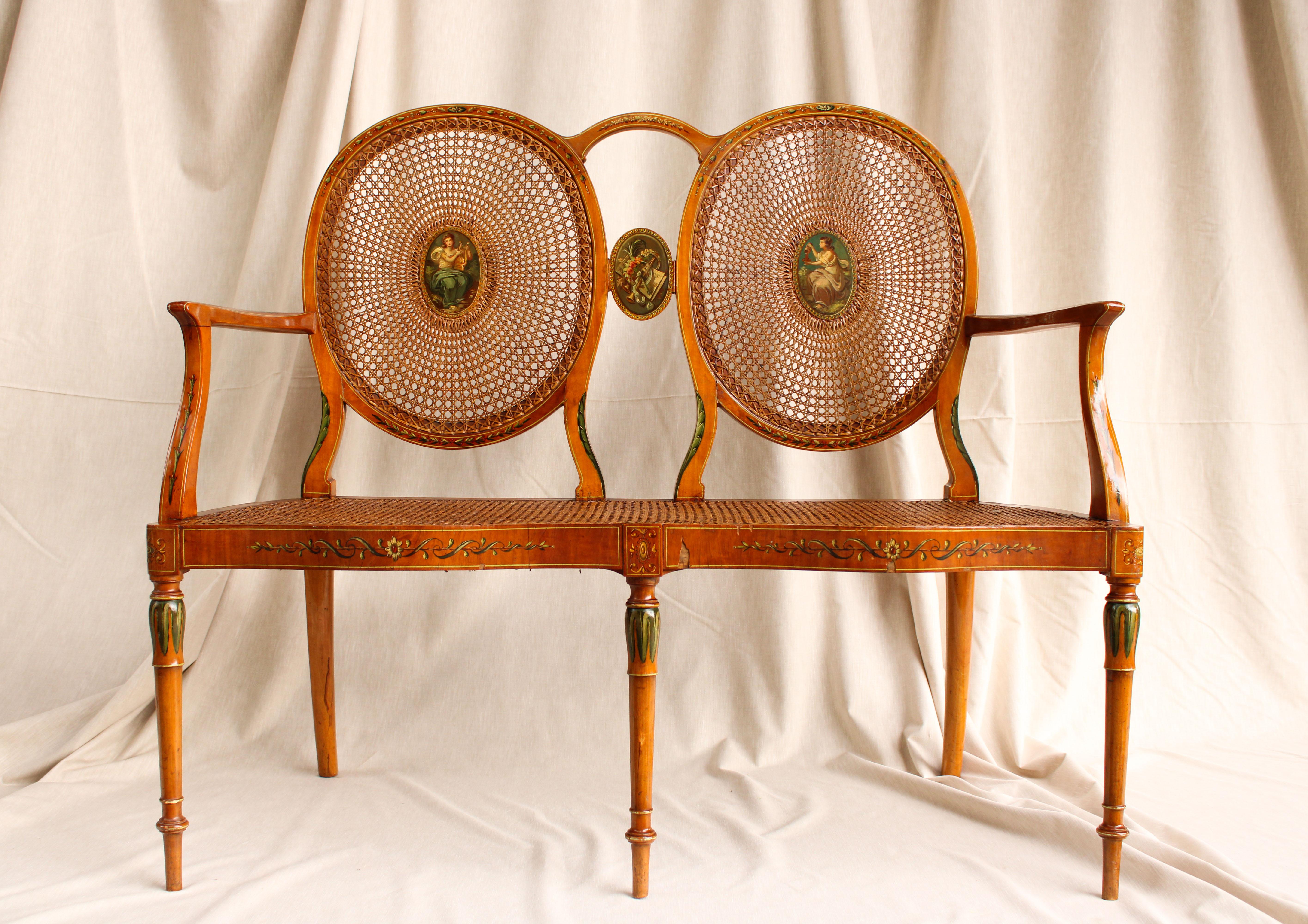 Set of Two Chairs and a Cane Settee with Medallions Painted 5