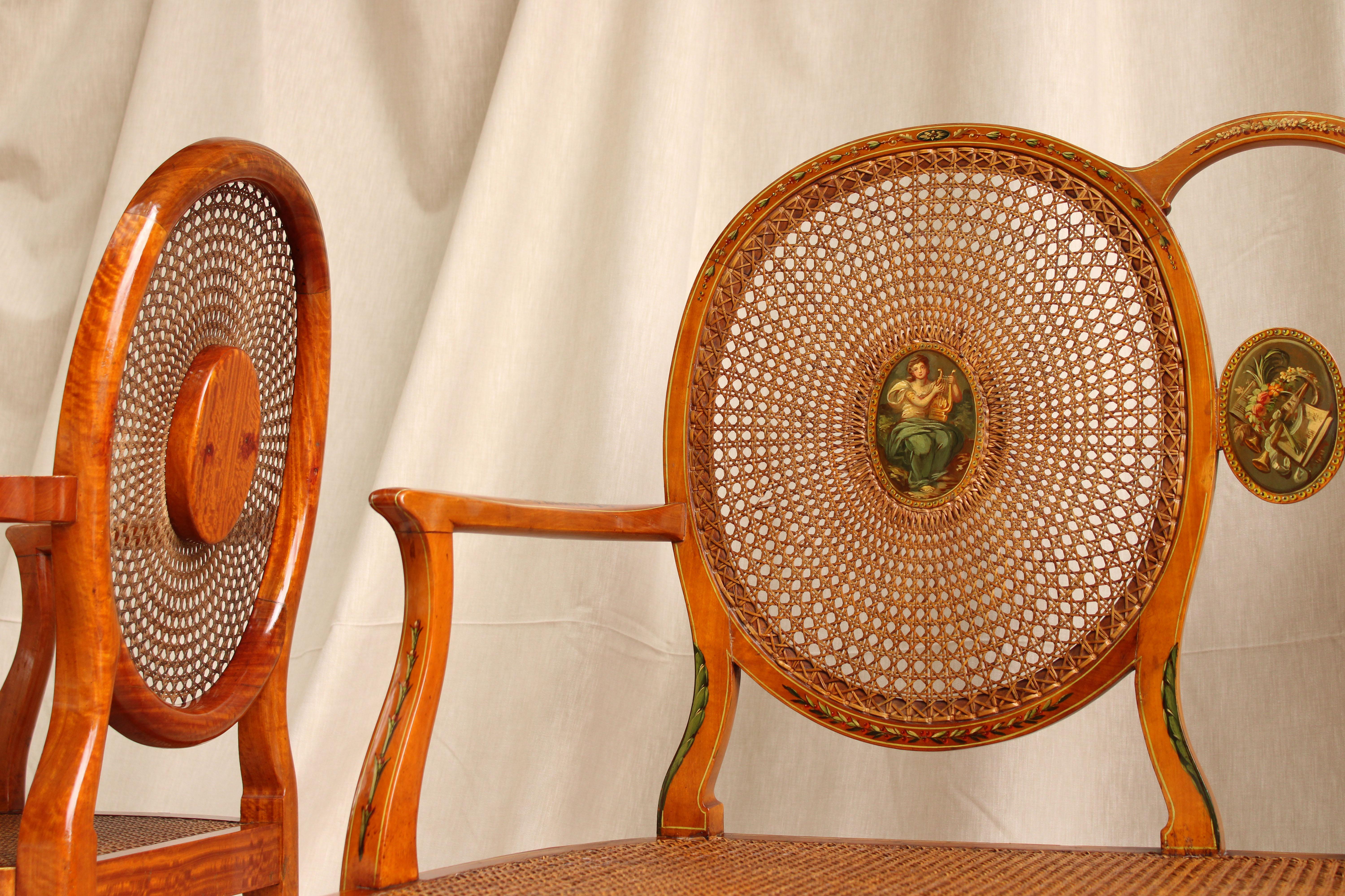 French Set of Two Chairs and a Cane Settee with Medallions Painted