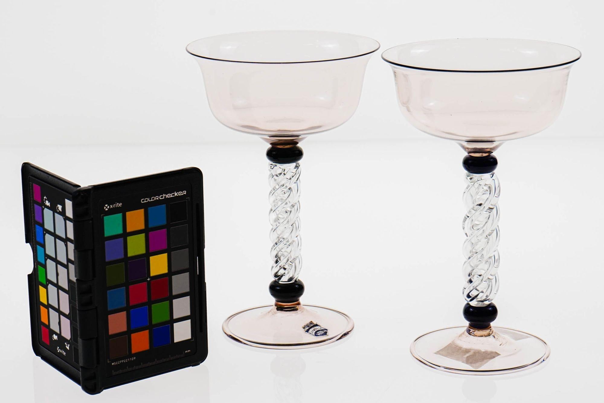 Set of two champagne goblets in amethyst, twisted stem and black necks, Cenedese For Sale 9