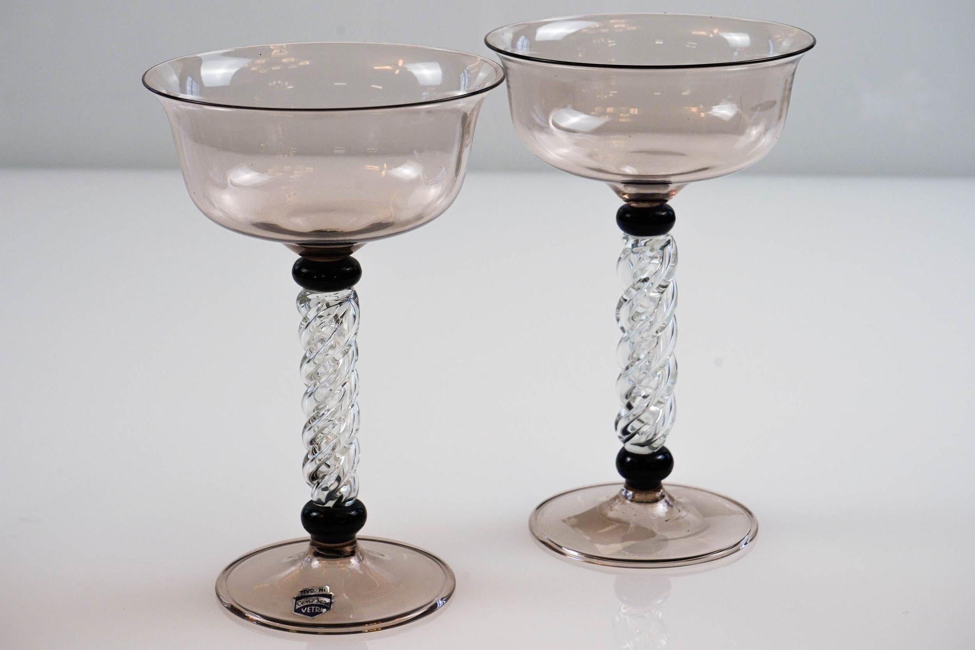 Set of two champagne goblets in amethyst, twisted stem and black necks, Cenedese For Sale 13