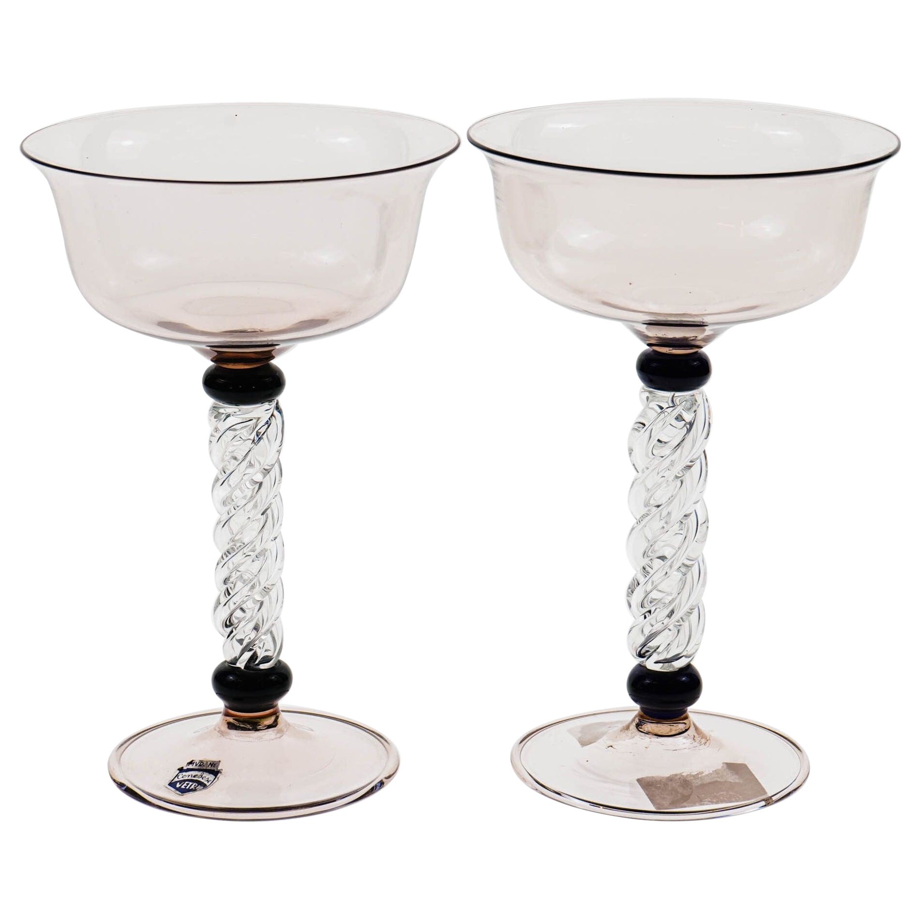Set di due calici da champagne in ametista, gambo ritorto e collo nero, Cenedese in vendita