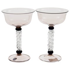 Set di due calici da champagne in ametista, gambo ritorto e collo nero, Cenedese