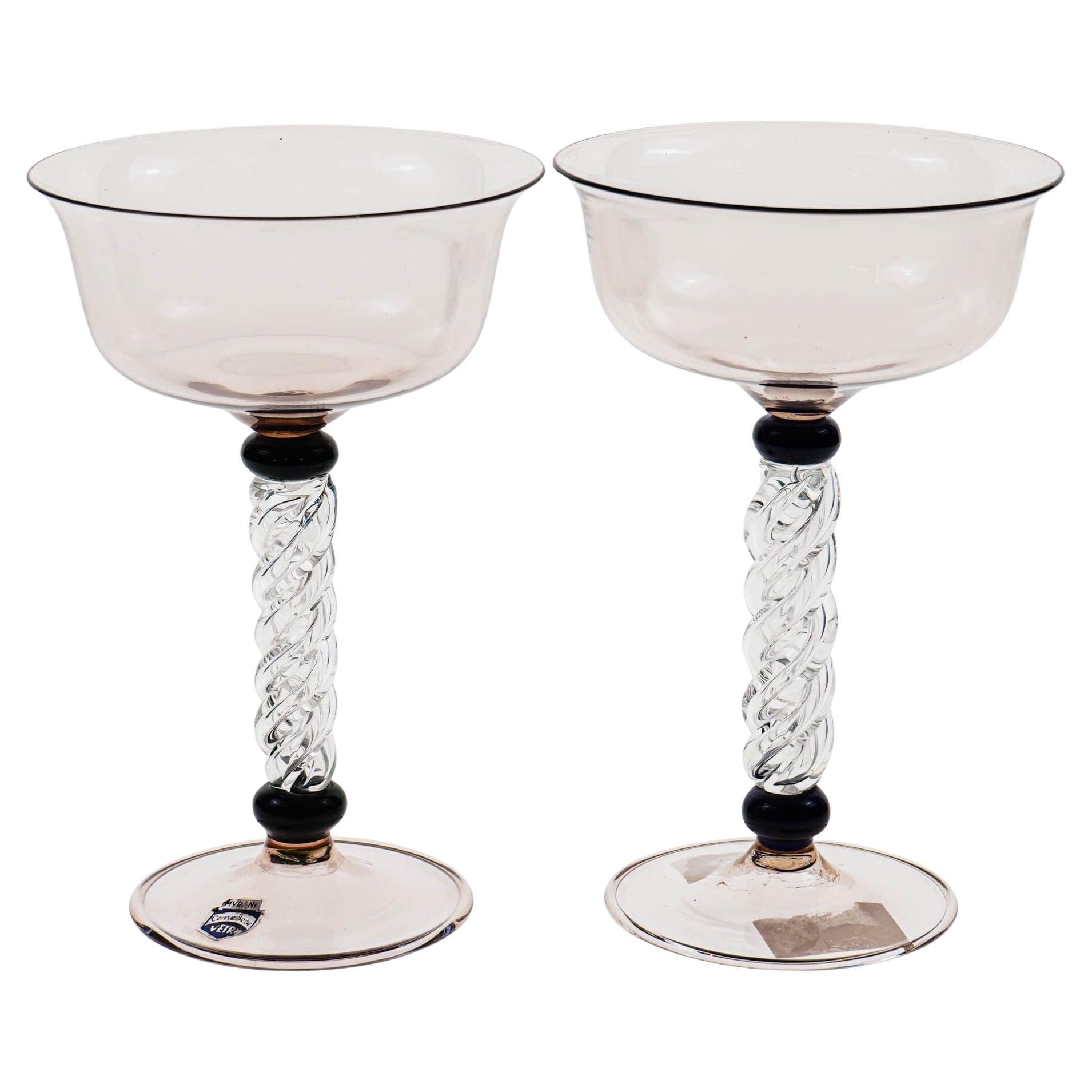 Set of two champagne goblets in amethyst, twisted stem and black necks, Cenedese For Sale