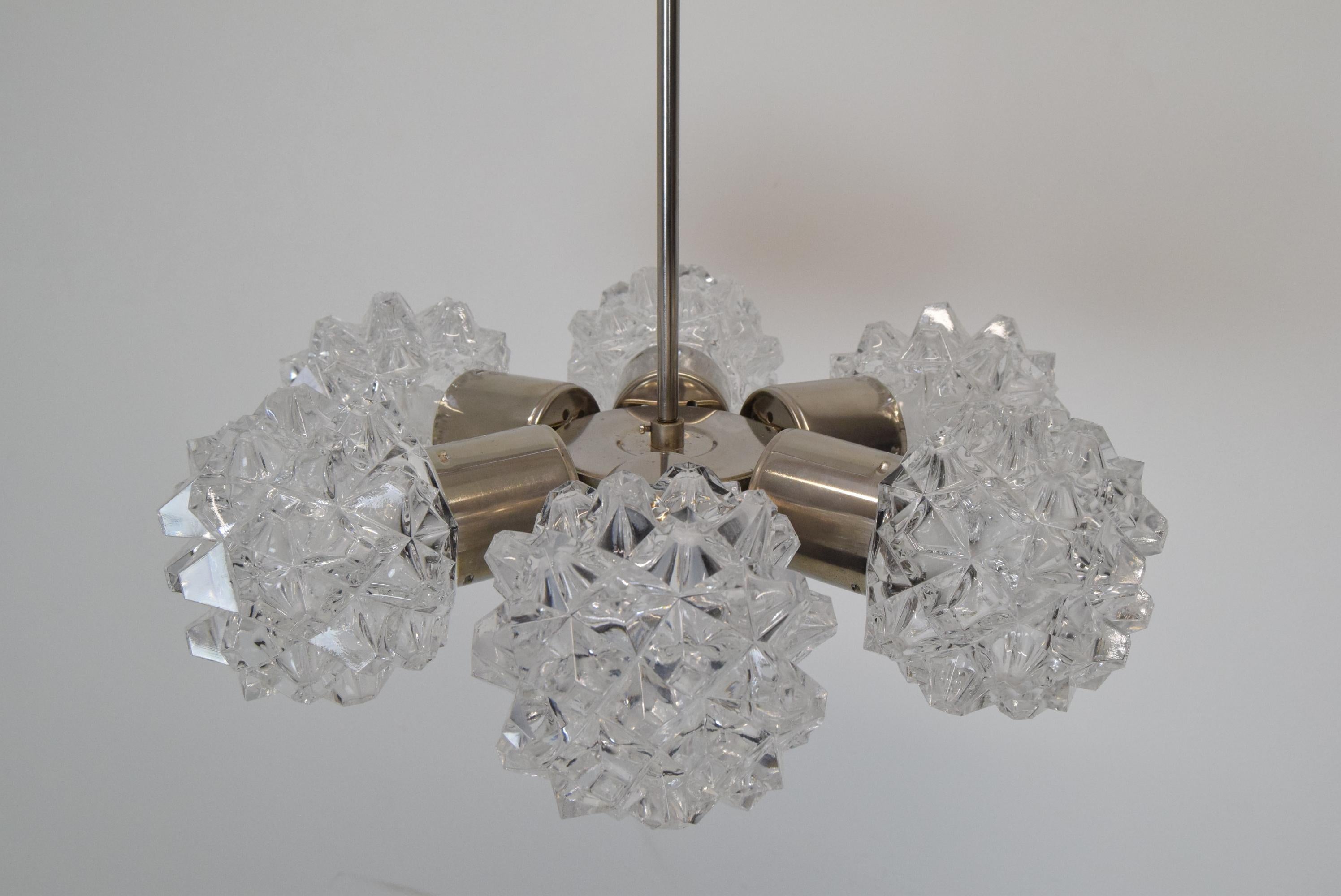 Made in Czechoslovakia 
Made of Glass, Metal, Steel 
Possible to buy 1 piece
Upon request,we can shorten the height of the chandelier
6x40W,E14 or E15 bulb
Re-polished 
Fully functional 
Good Original condition
US wiring compatible.