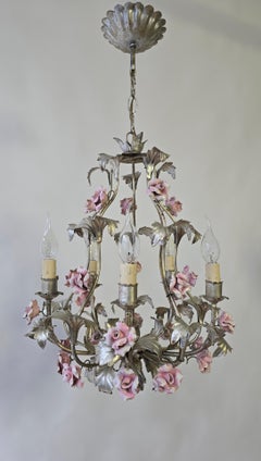 Set of Two Chandeliers with Porcelain Roses