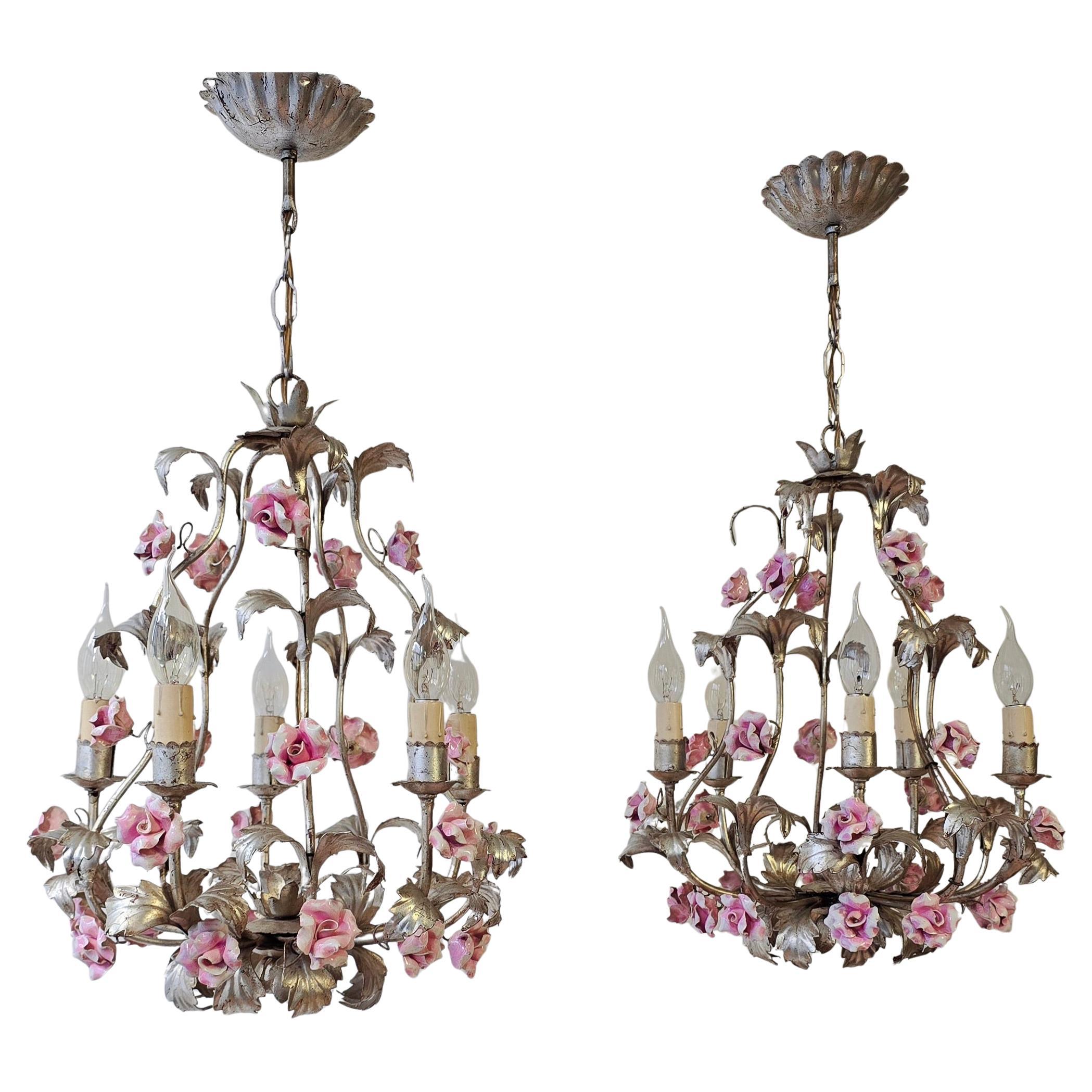 Set of Two Chandeliers with Porcelain Roses