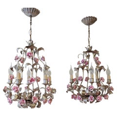 Vintage Set of Two Chandeliers with Porcelain Roses