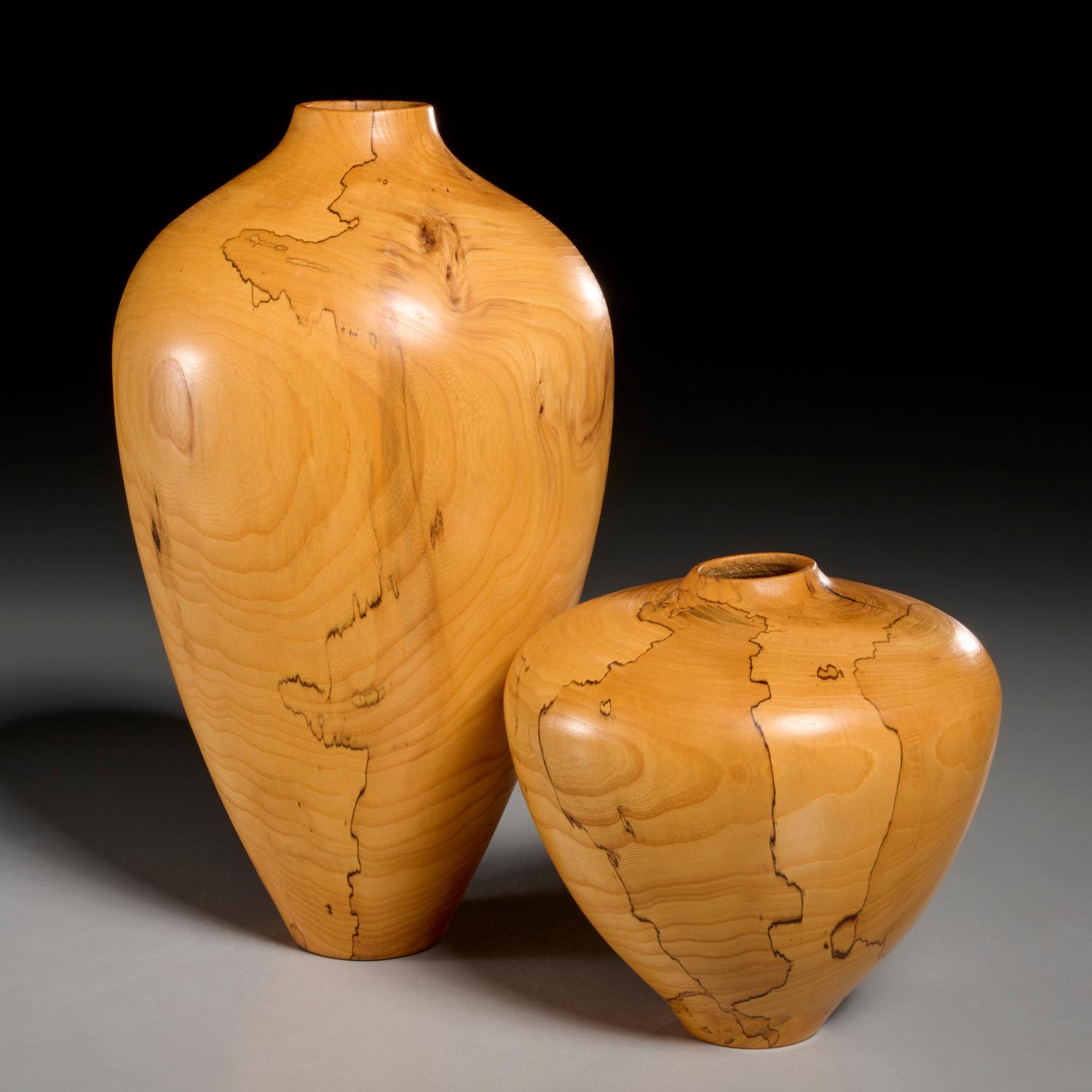 Set of Two Charles Andre Spalted Elm Studio Vases, Signed and Dated 2000 For Sale 4