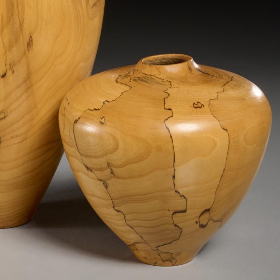 Contemporary Set of Two Charles Andre Spalted Elm Studio Vases, Signed and Dated 2000 For Sale