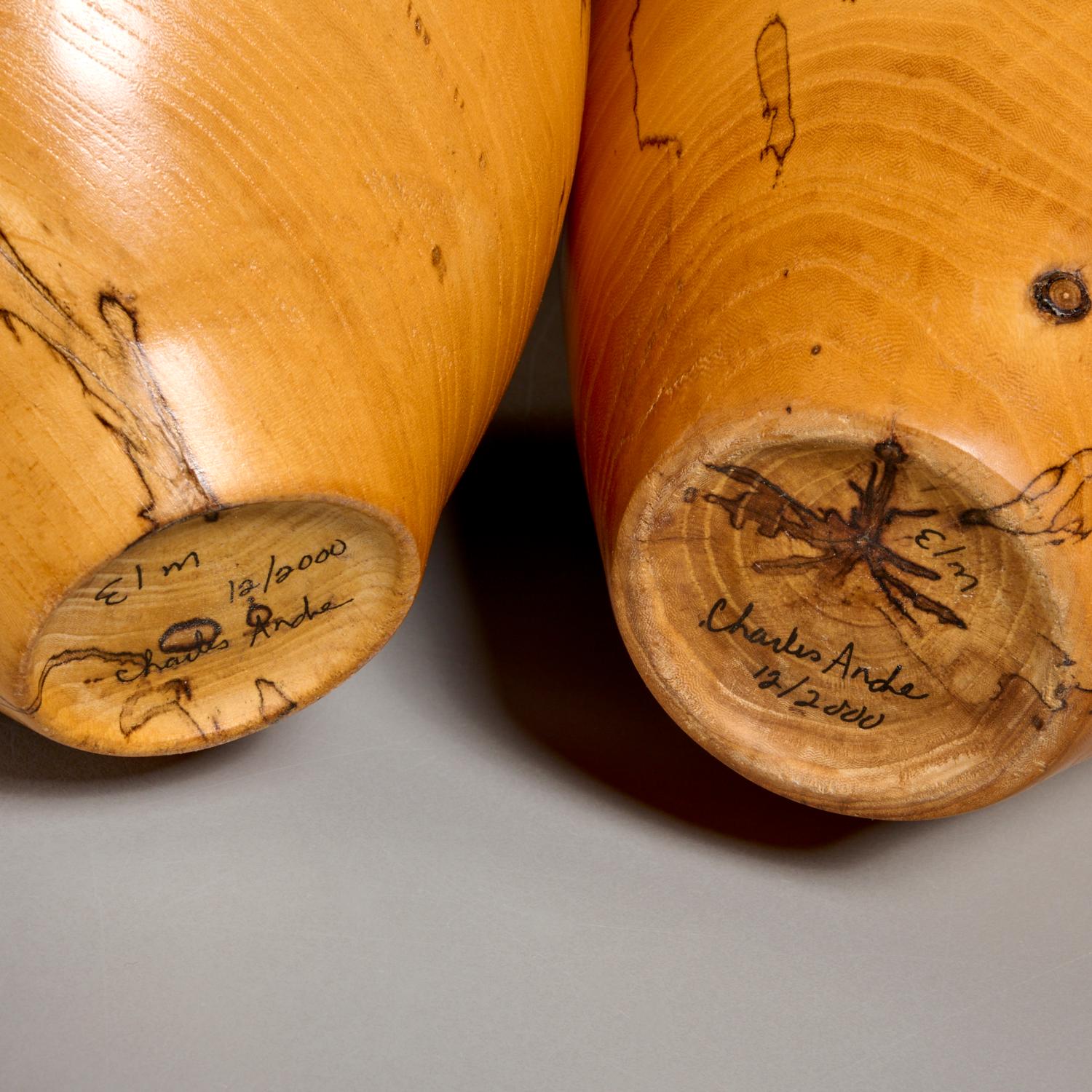 Set of Two Charles Andre Spalted Elm Studio Vases, Signed and Dated 2000 For Sale 2