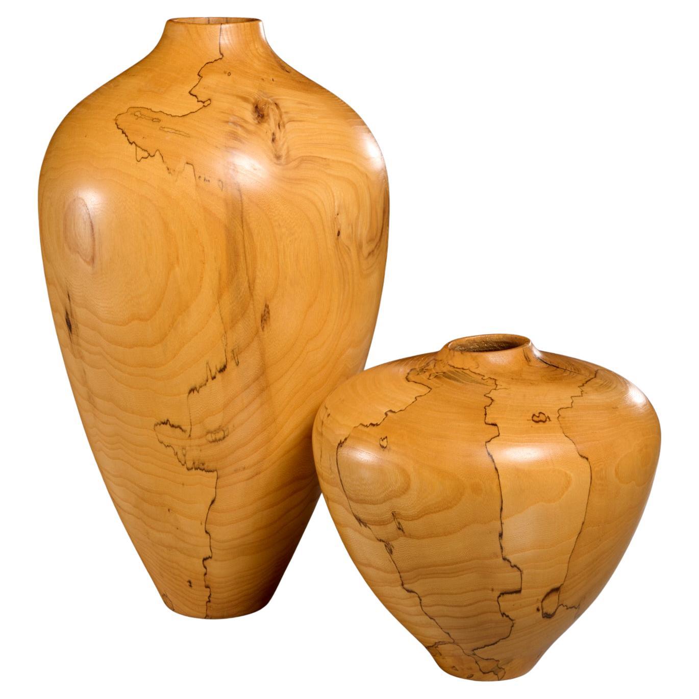 Set of Two Charles Andre Spalted Elm Studio Vases, Signed and Dated 2000 For Sale
