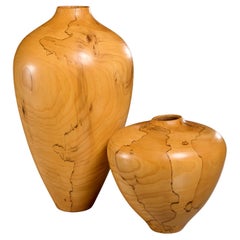 Set of Two Charles Andre Spalted Elm Studio Vases, Signed and Dated 2000