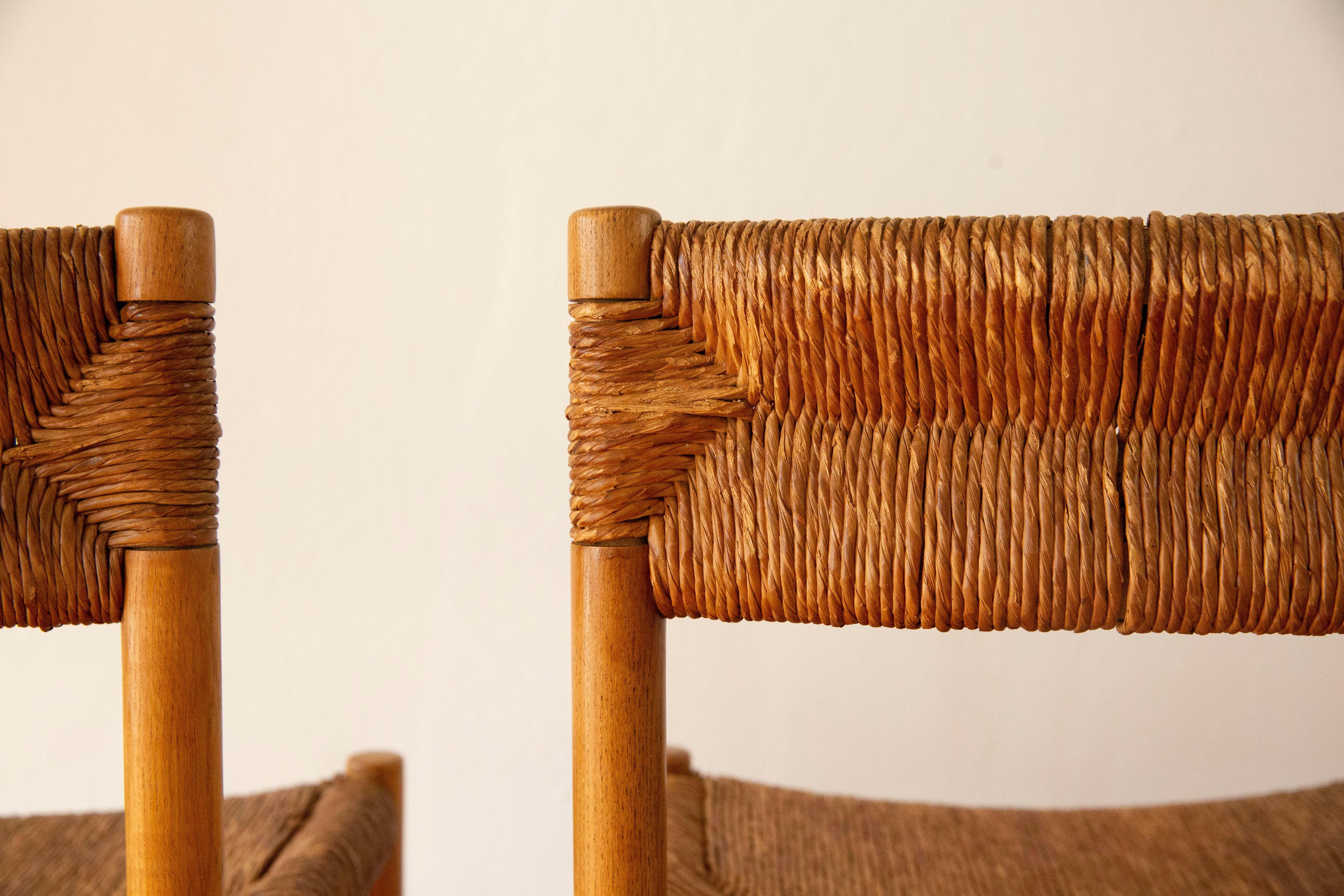 Set of Two Charlotte Perriand 'Dordogne' Rush Dining Chairs, 1950's In Fair Condition For Sale In Los Angeles, CA