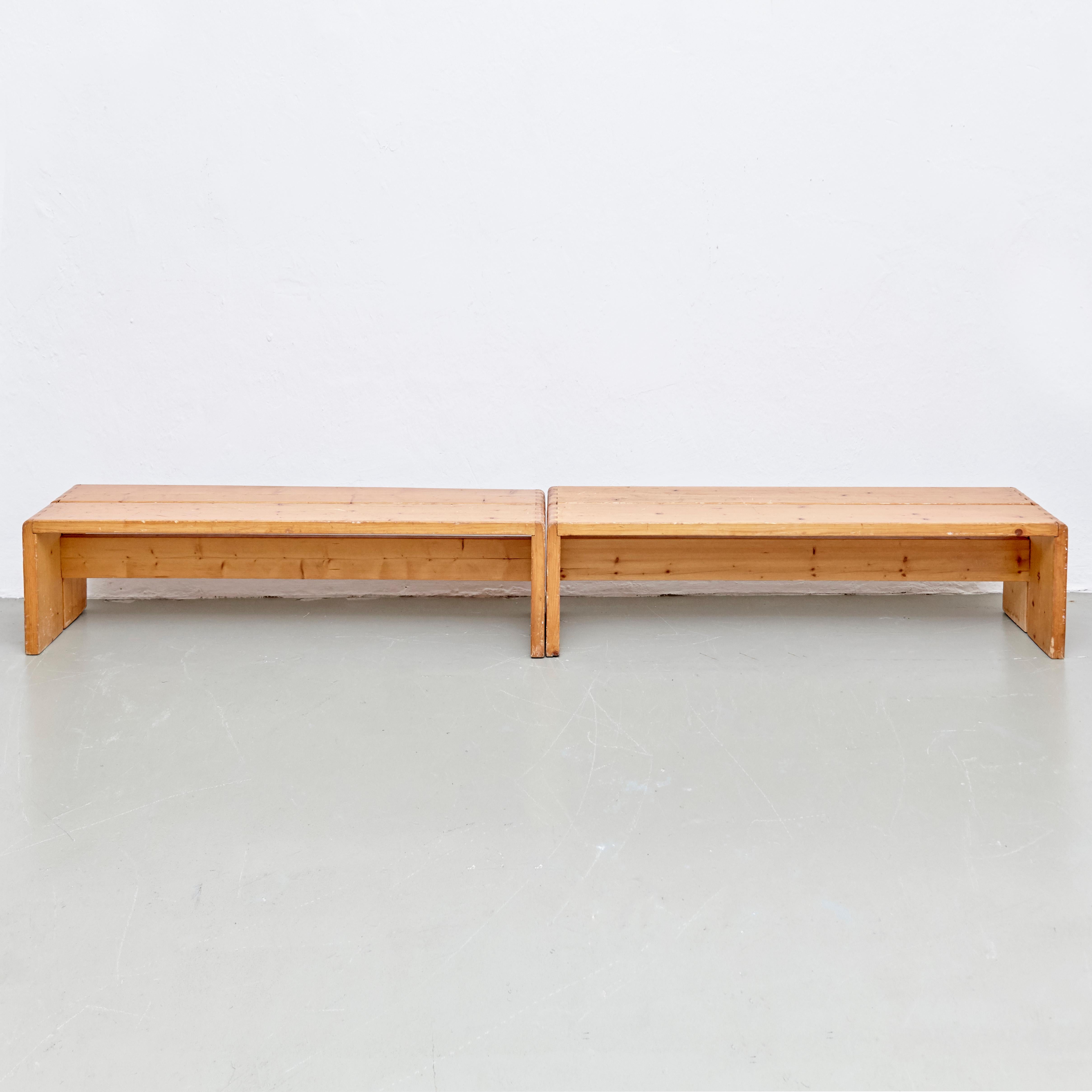 Mid-Century Modern Set of Two Charlotte Perriand Large Wood Benches for Les Arcs, circa 1960