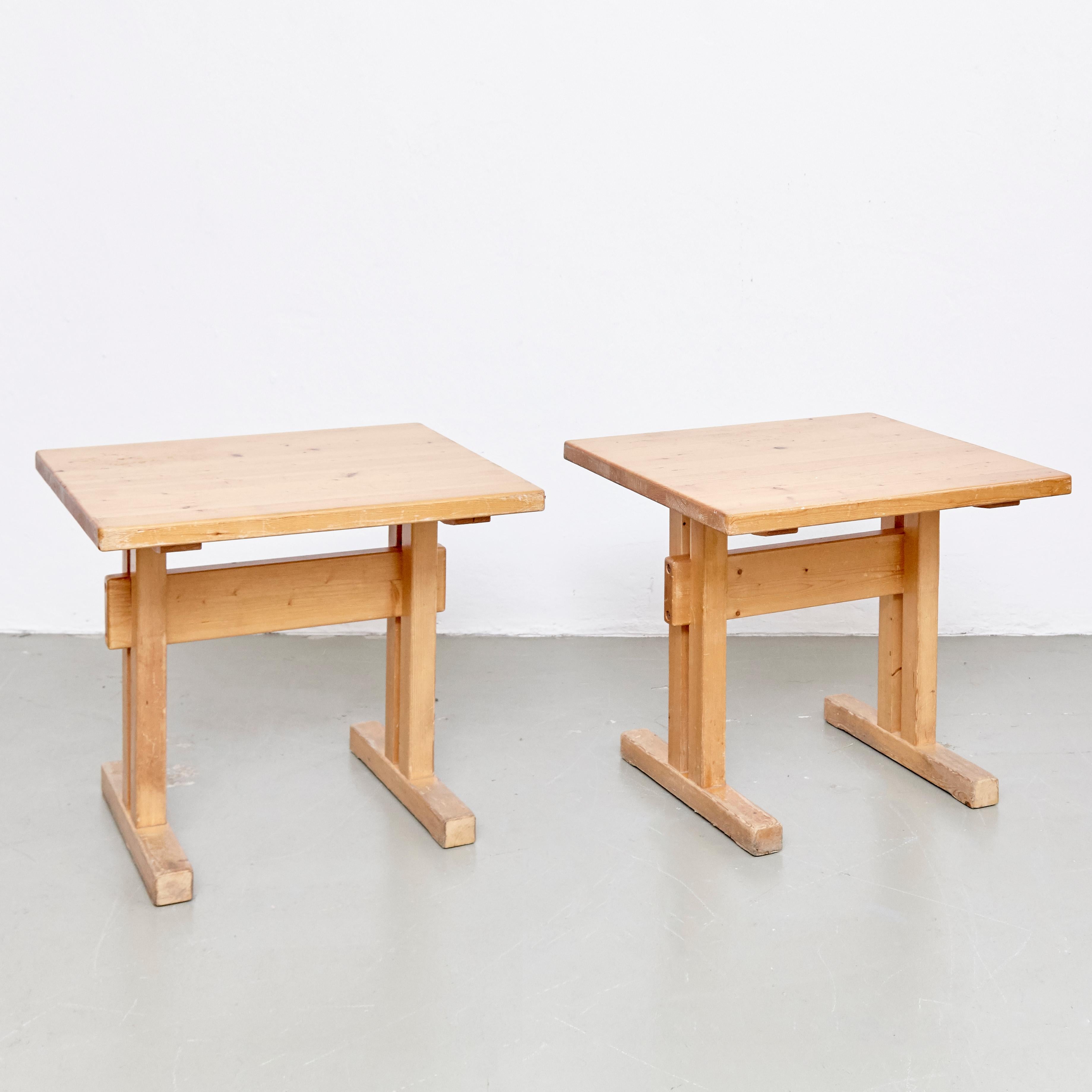 French Set of Two Charlotte Perriand Wood Tables for Les Arcs, circa 1960