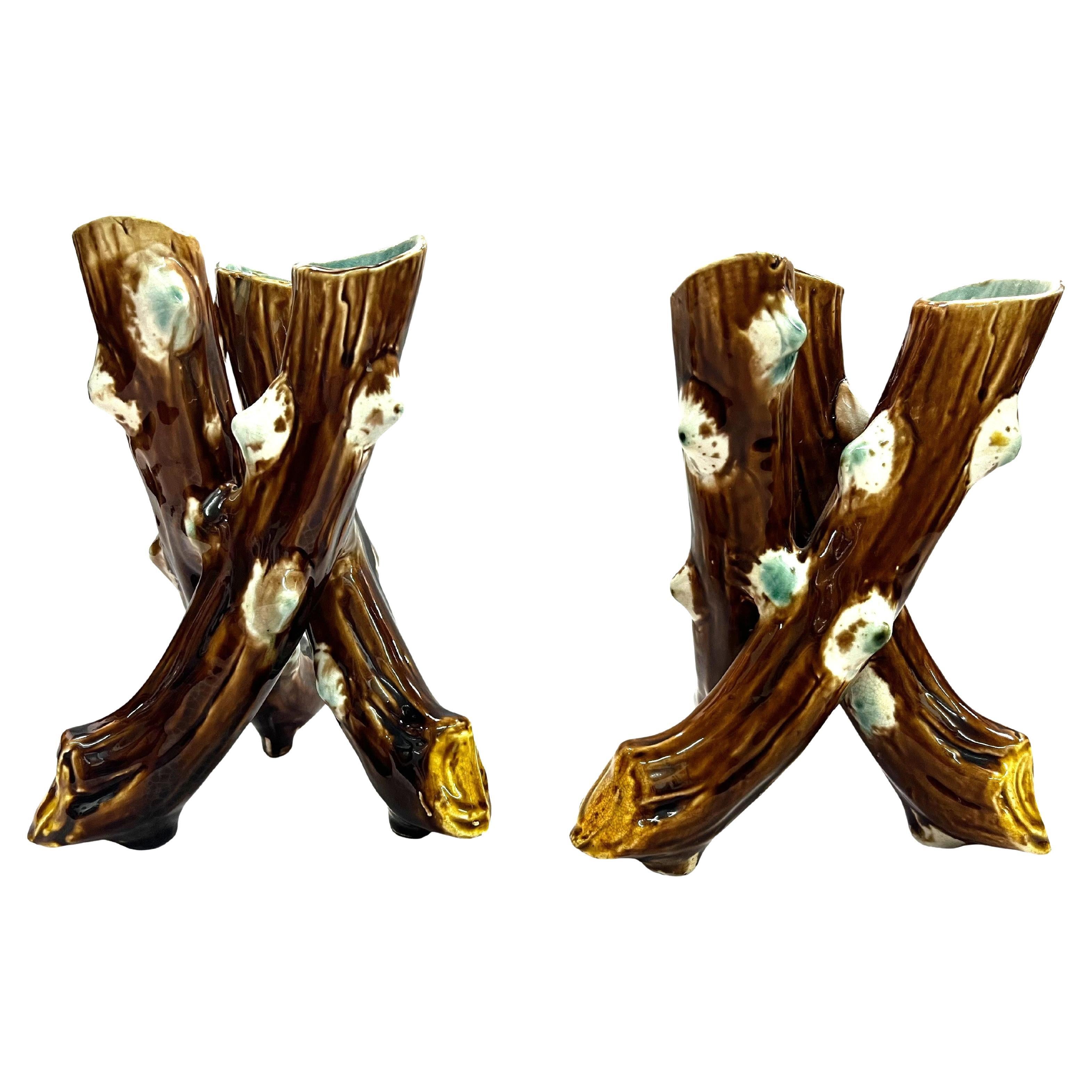 Satz von zwei charmanten Vasen, Kätzchenweide, Keramik Jugendstil 1900, Frankreich im Angebot