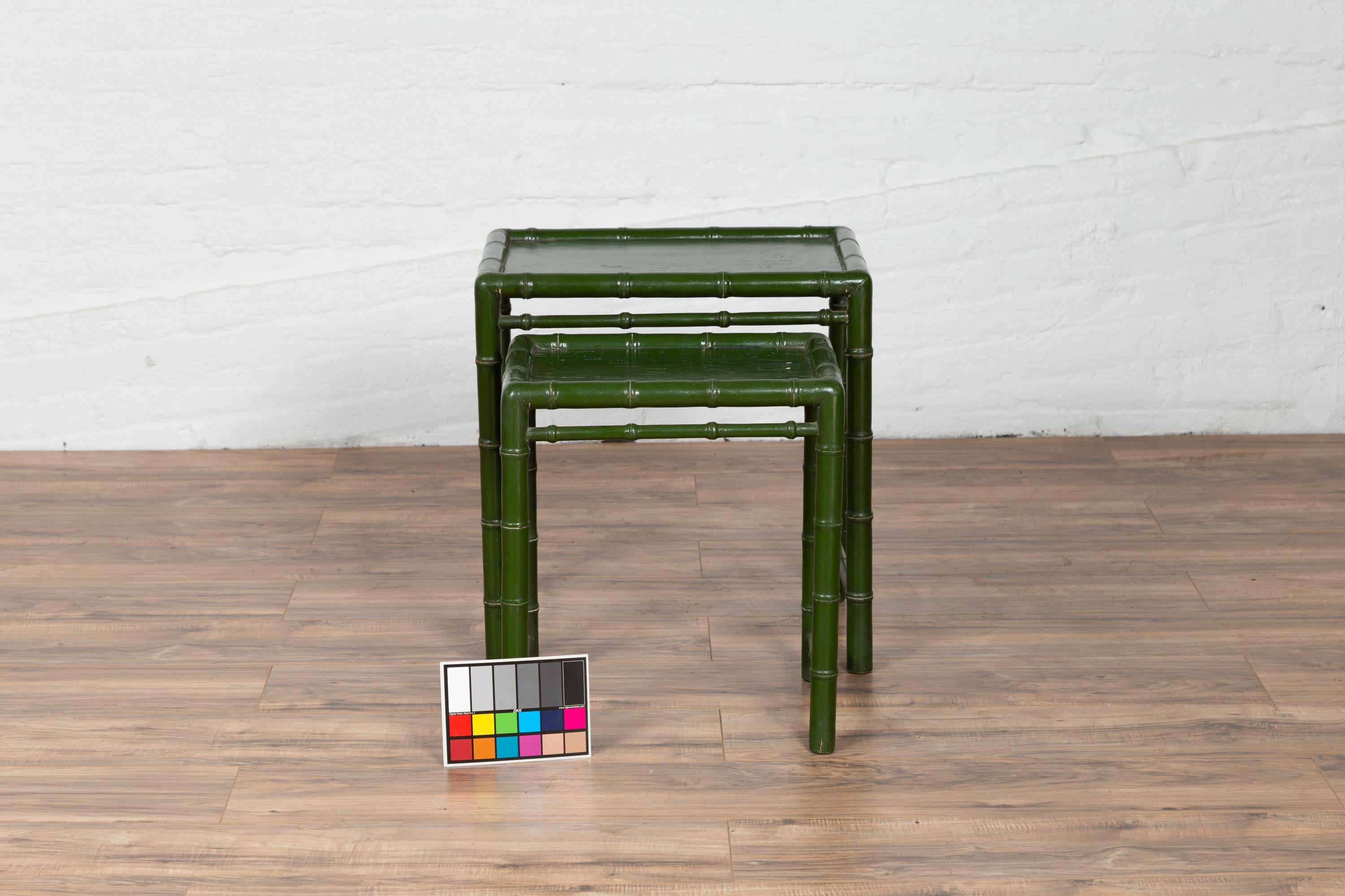 Set of Two Chinese Bamboo Green Lacquered Nesting Tables with Side Stretchers 5