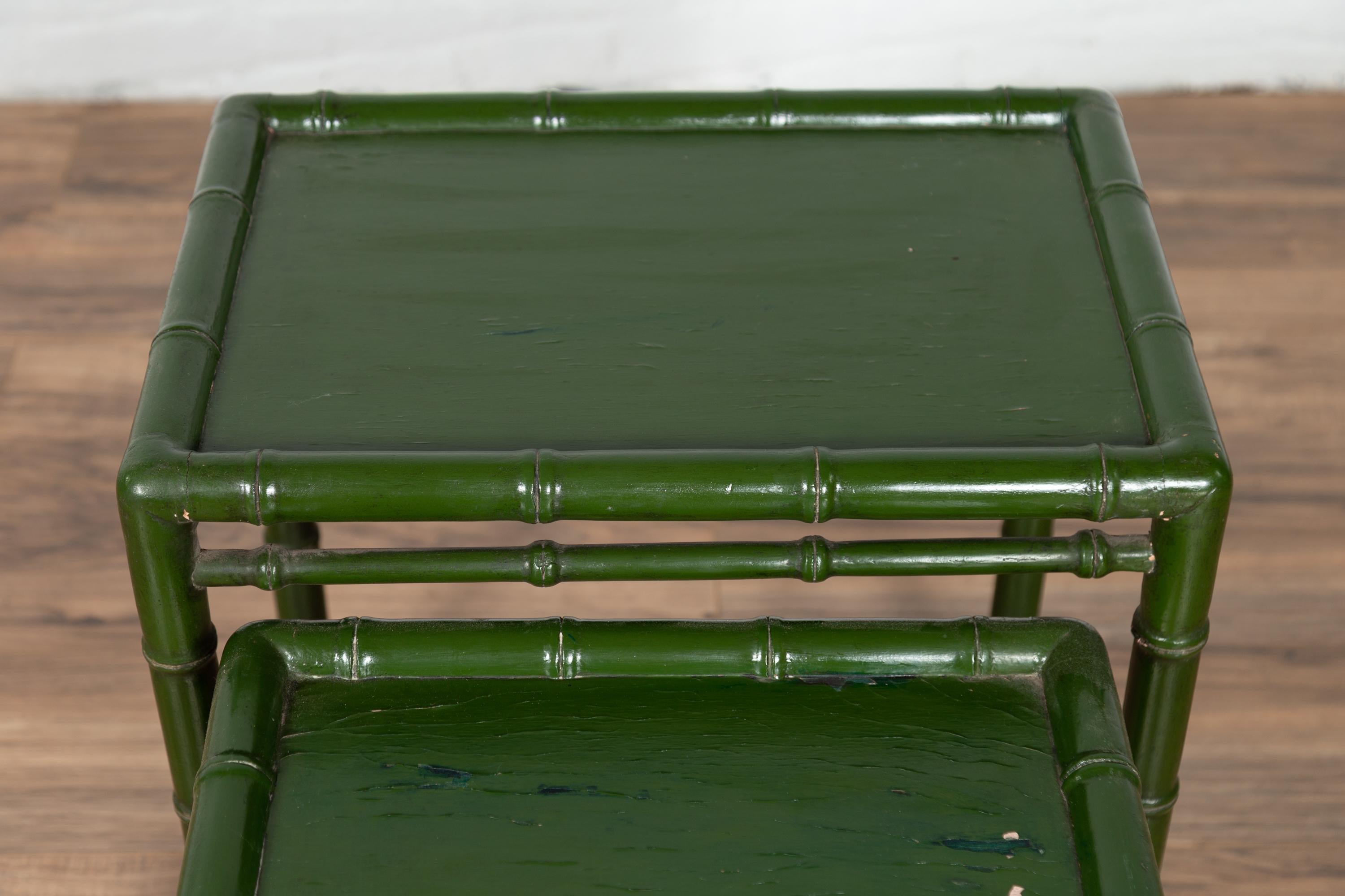 Mid-Century Modern Set of Two Chinese Bamboo Green Lacquered Nesting Tables with Side Stretchers