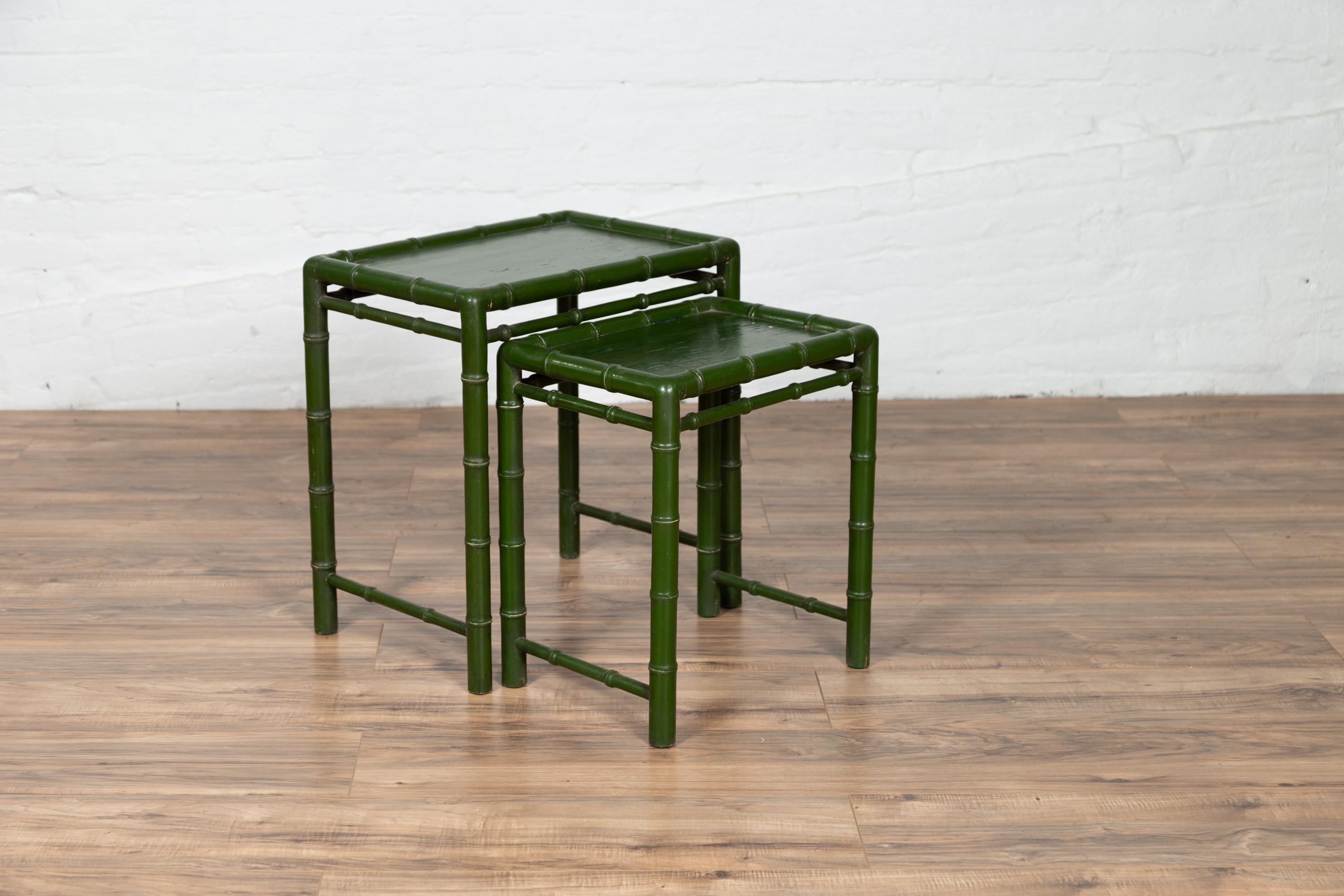 20th Century Set of Two Chinese Bamboo Green Lacquered Nesting Tables with Side Stretchers