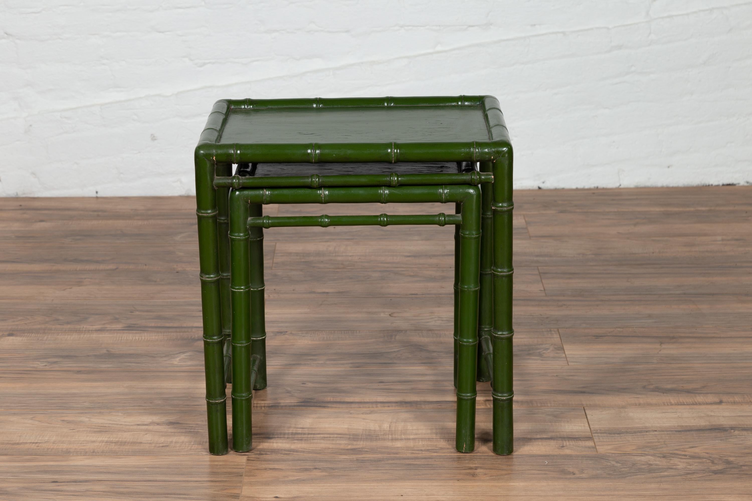 Set of Two Chinese Bamboo Green Lacquered Nesting Tables with Side Stretchers 2
