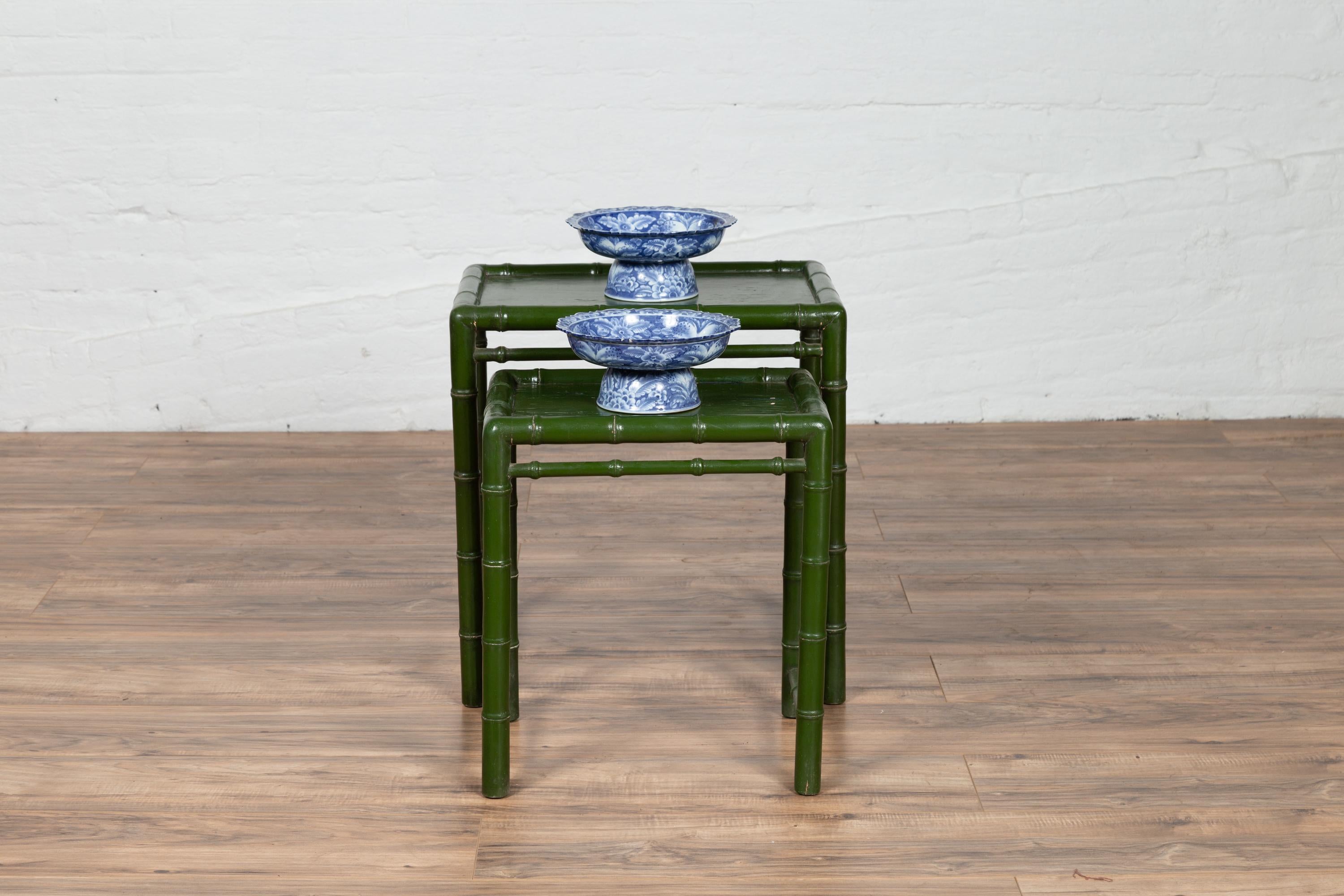 Set of Two Chinese Bamboo Green Lacquered Nesting Tables with Side Stretchers 3